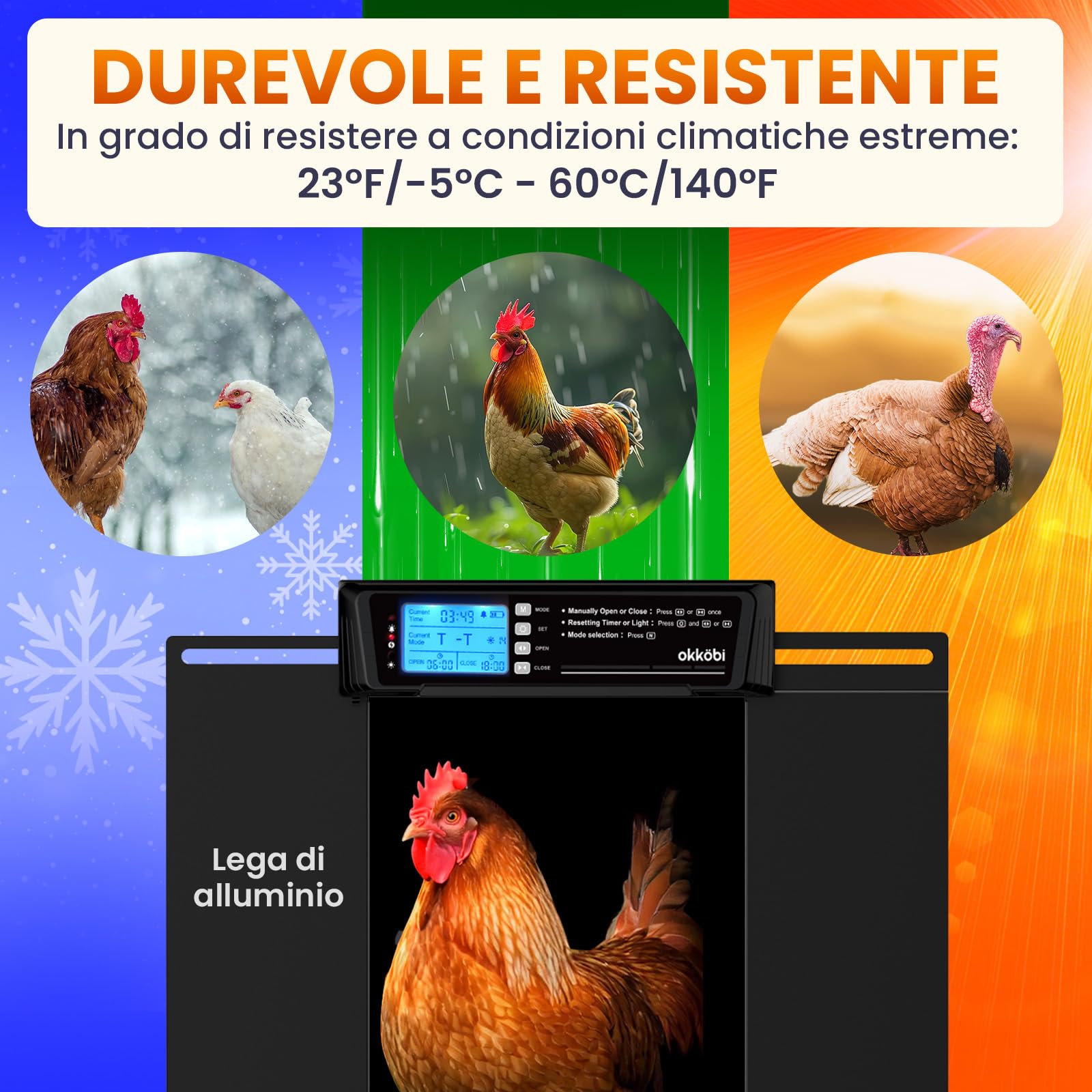 Porta Automatica Pollaio Extra Large Solare – Display LCD, Telecomando, Sensore di Luce, Timer & Funzione Antipizzicamento – Apertura 28,7 x 22,1 cm – Protezione 5 Anni – Nero - Okköbi