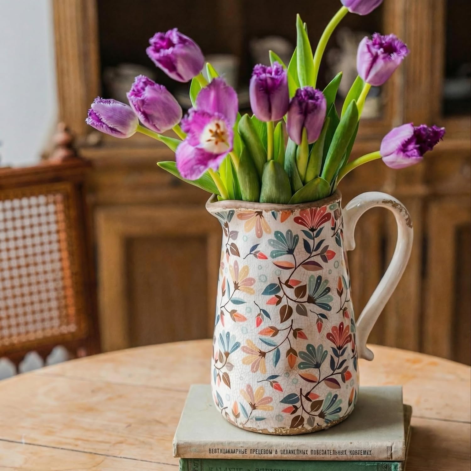 Vintage Colorful Flower Ceramic Vase with Handle, Retro Ice Glazed Crack Farmhouse Pitcher Vase for Home Decor, Living Room, Shelf, Office, Rustic Table Centerpiece 9 Inch