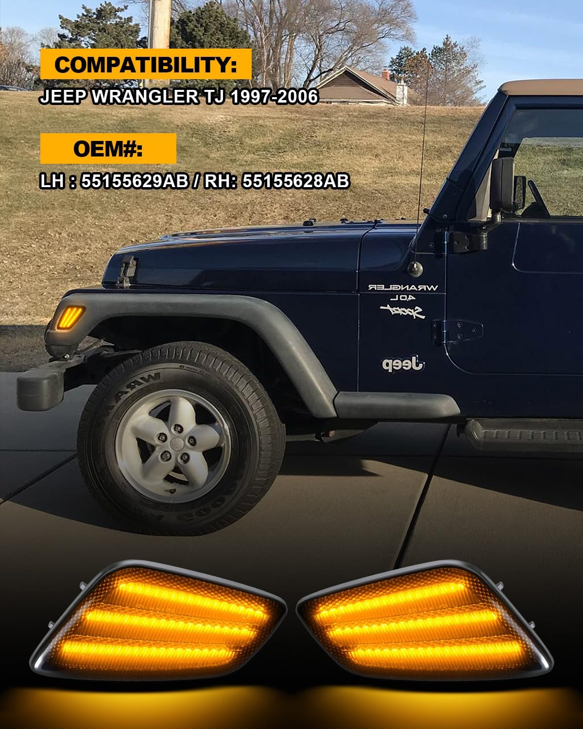LED Side Marker Lights Compatible with Jeep Wrangler TJ 1997-2006 Turn Signal Light Amber Smoked Lens Pack of 2