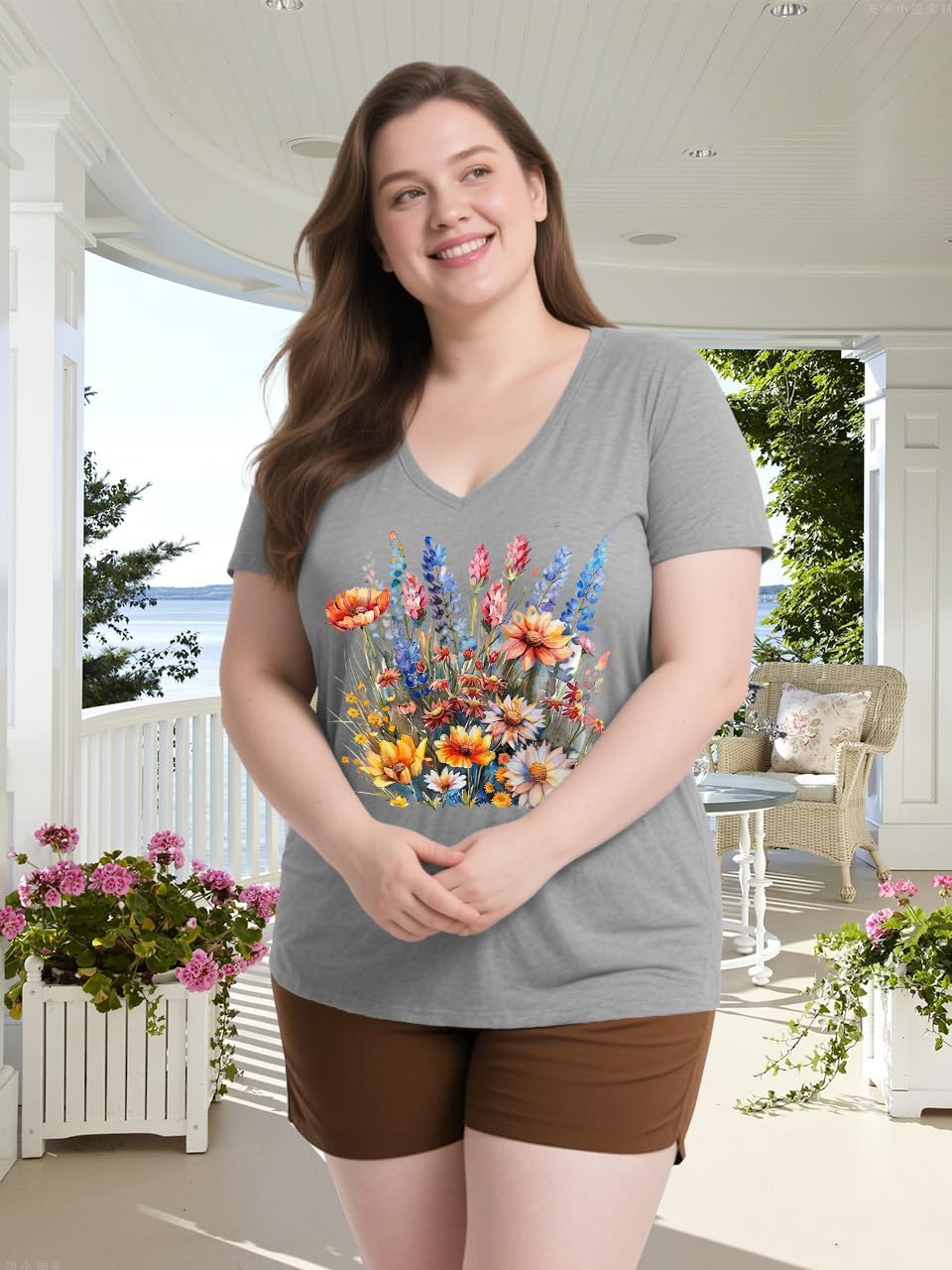 Plus Size Tops for Women Vintage Wildflower V Neck T Shirt Boho Cute Floral Graphic Tees Short Sleeve Summer Tops - Image 4