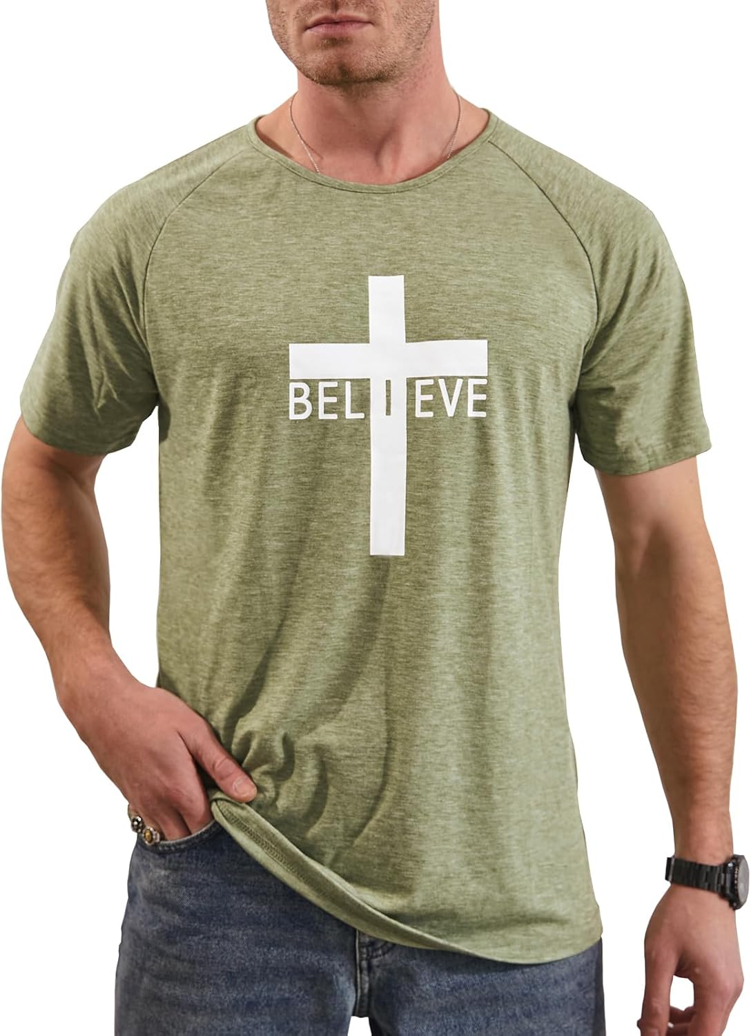Men's Short Sleeve Crewneck Graphic Tee Believe Cross Print Christian Shirts Workout Shirts