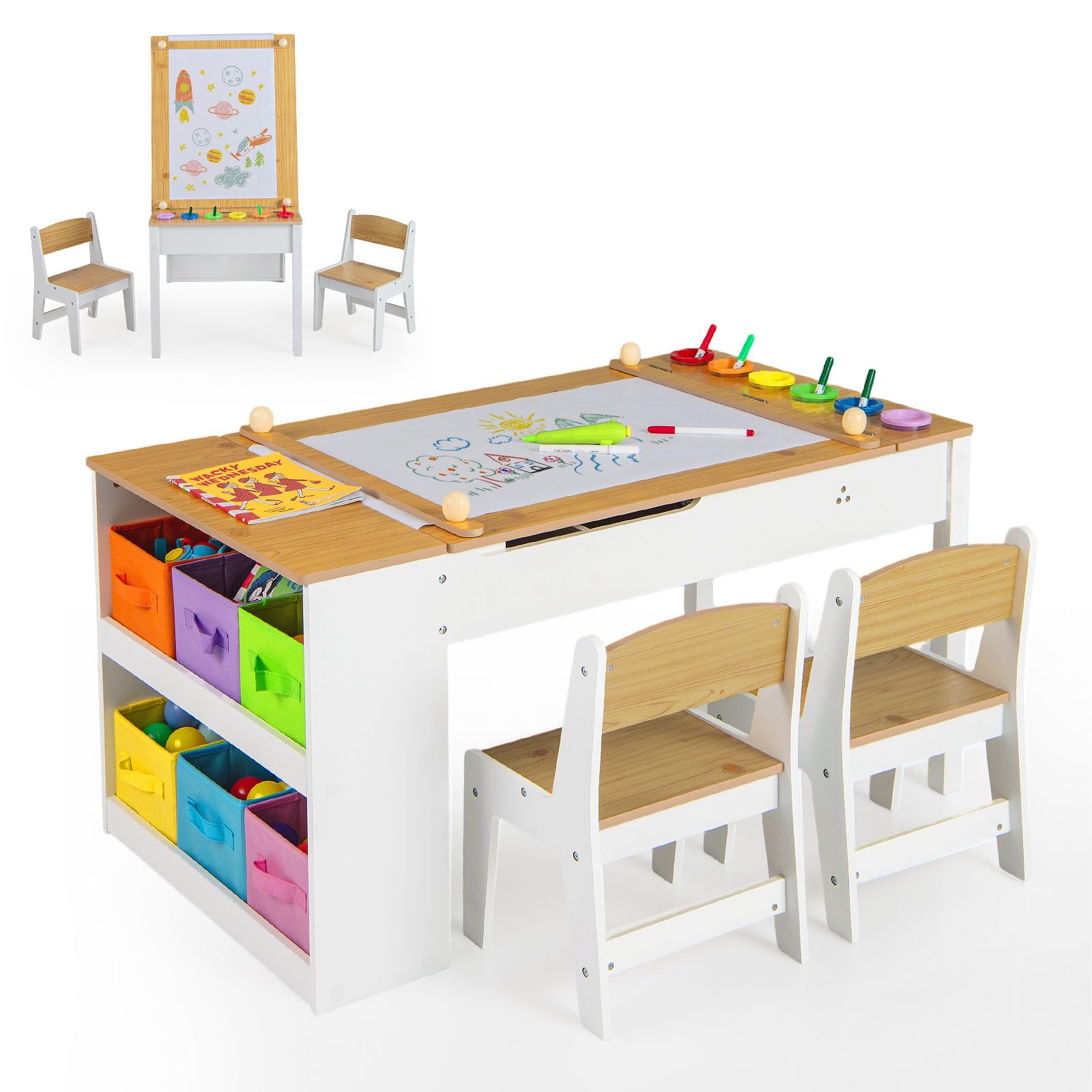 LIFEZEAL3 en 1 Ensemble Table et 2 Chaises pour Enfants, Table à Dessin avec Rouleau de Papier et Espace de Rangement, Set en Bois pour Activités Créatives, Charge de 91 KG et 75 KG (Naturel)