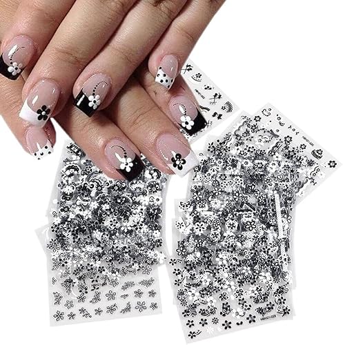 30 Sheets Black Flower Nail Art Stickers 3D Self Adhesive Retro Floral Nail Decals Holographic Lace Hearts Bow Ties Design With Rhinestones Nail Art Supplies For Women Manicure Decorations #TOP3