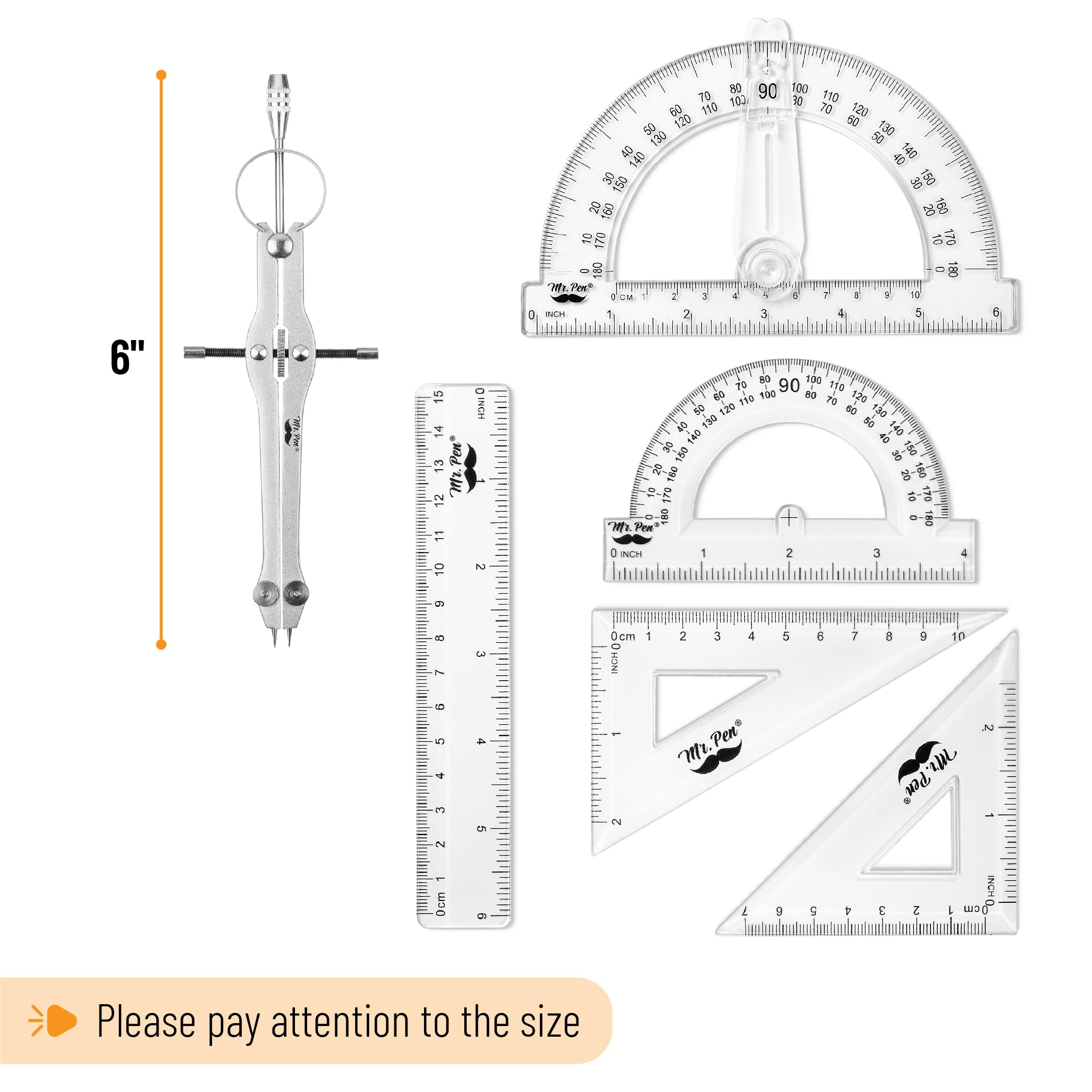 Mr. Pen - Geometrie-Set, 15-teilig, hellgrau, 15-cm-Schwenkarm-Winkelmesser | Trennwand, Geodreiecke, Lineal, Zirkel und Winkelmesser