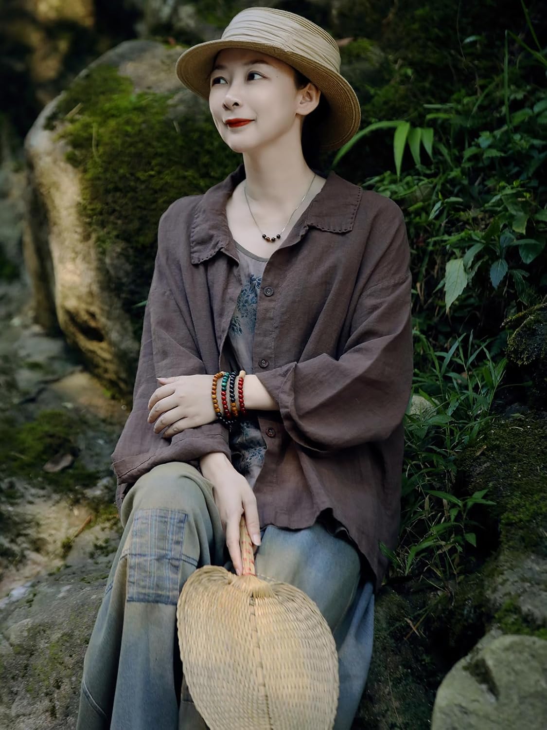 Women's Linen Shirts Lapel Collar Button Down Tops Plus Size Blouse with Pockets Handmade Stitch Vintage Loose Casual Tops - Image 3