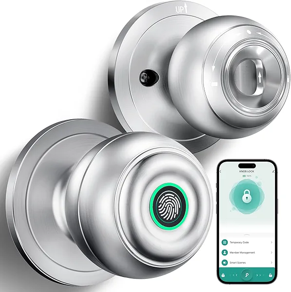 KLLOQUE Fingerprint Door Lock, Smart Fingerprint Door Knob with Lock, Biometric Door Locks with App Control & Key, Keyless Thumbprint Entry Door Locks for Bedroom, Front Door, Home, Apartment-Silver