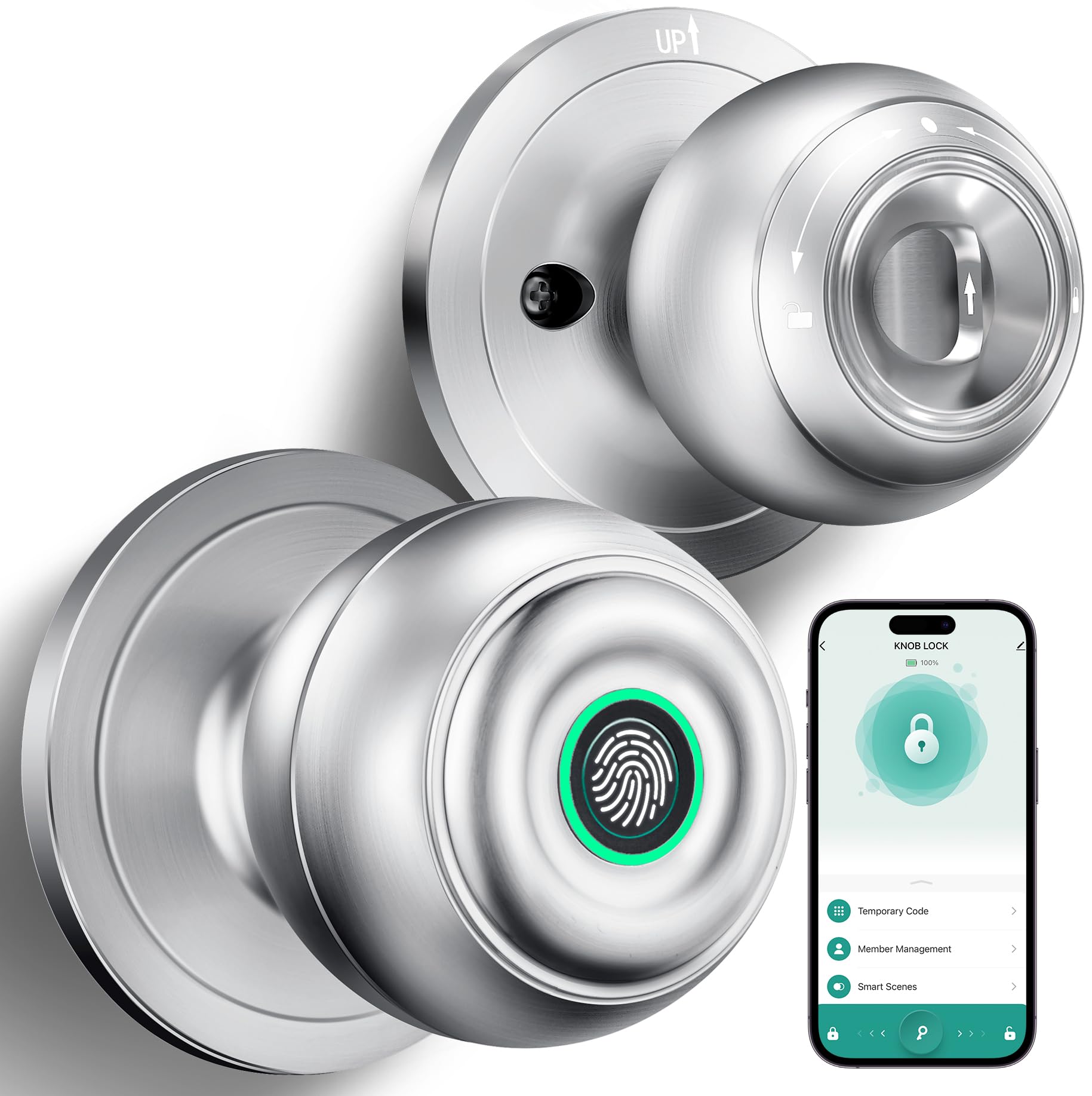 Fingerprint Door Lock, Smart Fingerprint Door Knob with Lock, Biometric Door Locks with App Control & Key, Keyless Thumbprint Entry Door Locks for Bedroom, Front Door, Home, Apartment-Silver