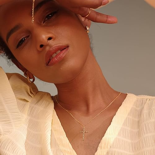 Miniatura 3 de Fettero Collar con dije de cruz para mujer, chapado en oro de 14 quilates, collar de cadena ajustable, delicado collar de fe simple, collar con