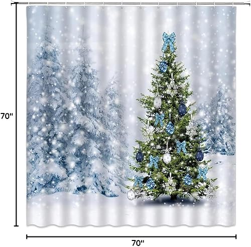 Miniatura 4 de Cortina de ducha de bosque de invierno, diseño de árbol de pino de Navidad, bolas de Navidad azules, copos de nieve blanca, juego de cortinas de