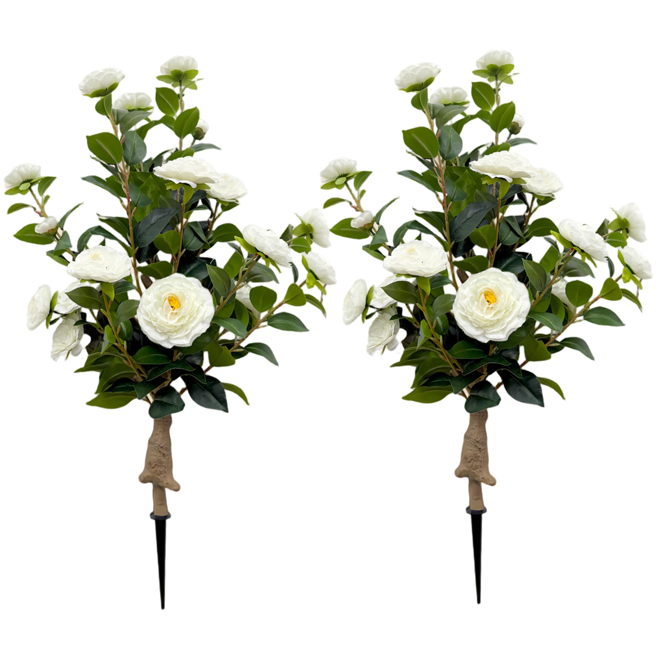 Wilafury 2Pcs Artificial Camellia Trees, Outdoor Faux Flower Stakes with White Blooms for Lawn, Garden & Yard Decor, 88x15 cm