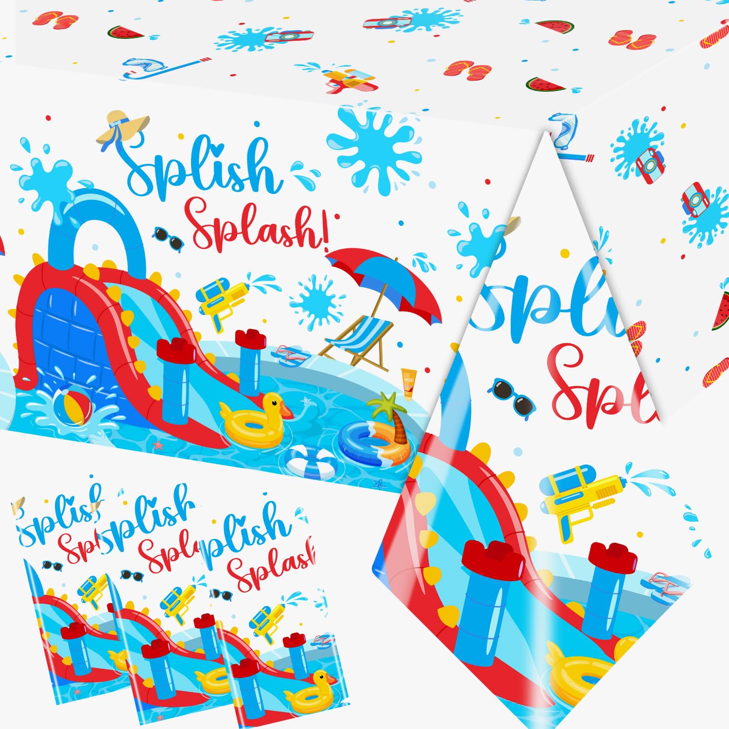 3Pieces Splish Splash Birthday Decorations Tablecloth, 71 * 43 Inch Summer Birthday Party Decorations Tablecloth Disposable Water Slide Party Decorations Table Cover for Summer Pool Birthday Party