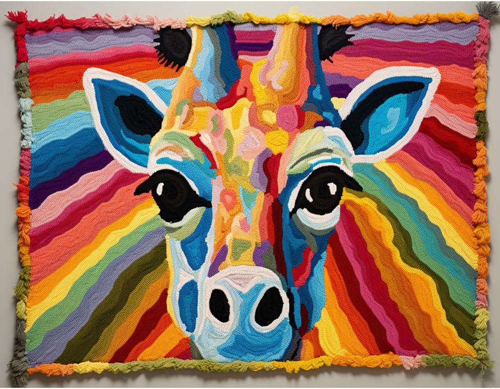 Giraffe Under Rainbow Latch Hook Rectangle Rug Kits for Adults Needle Crochet Yarn Embroidery Carpet Hook and Latch Kit Floor Mat Tapestry Christmas Home Decoration 52x38cm