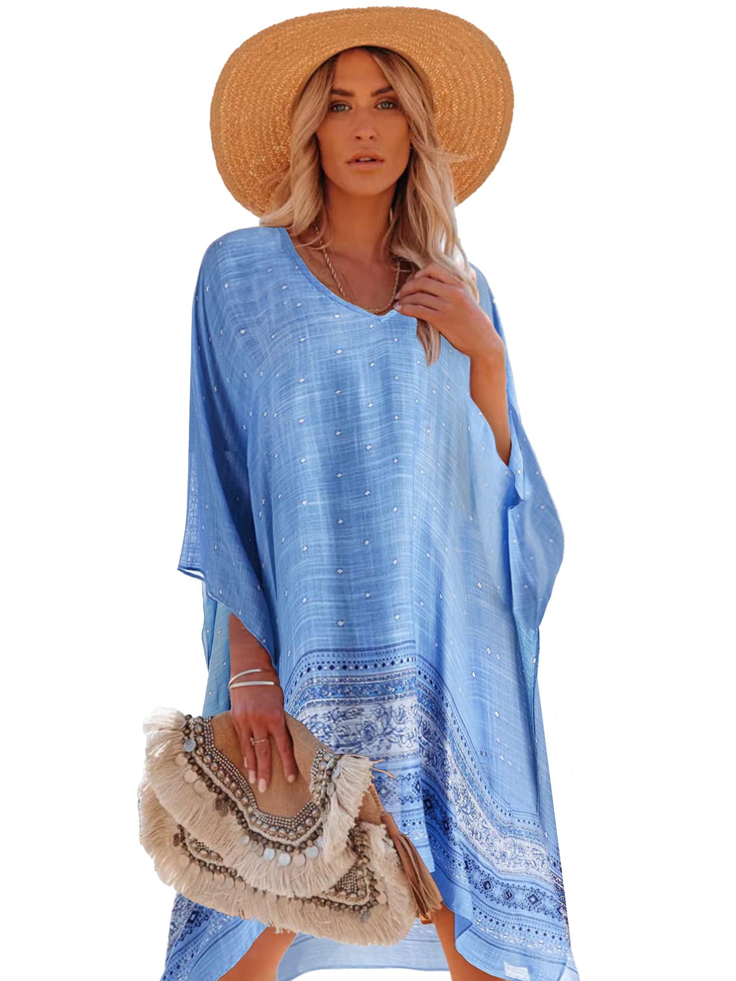 Breezy Lane Kaftan Cover Up Beachwear voor dames, strandjurk, bikini, badpak, bloemenpatroon, kaftan, strand, resortkleding, blauw, wit, One size