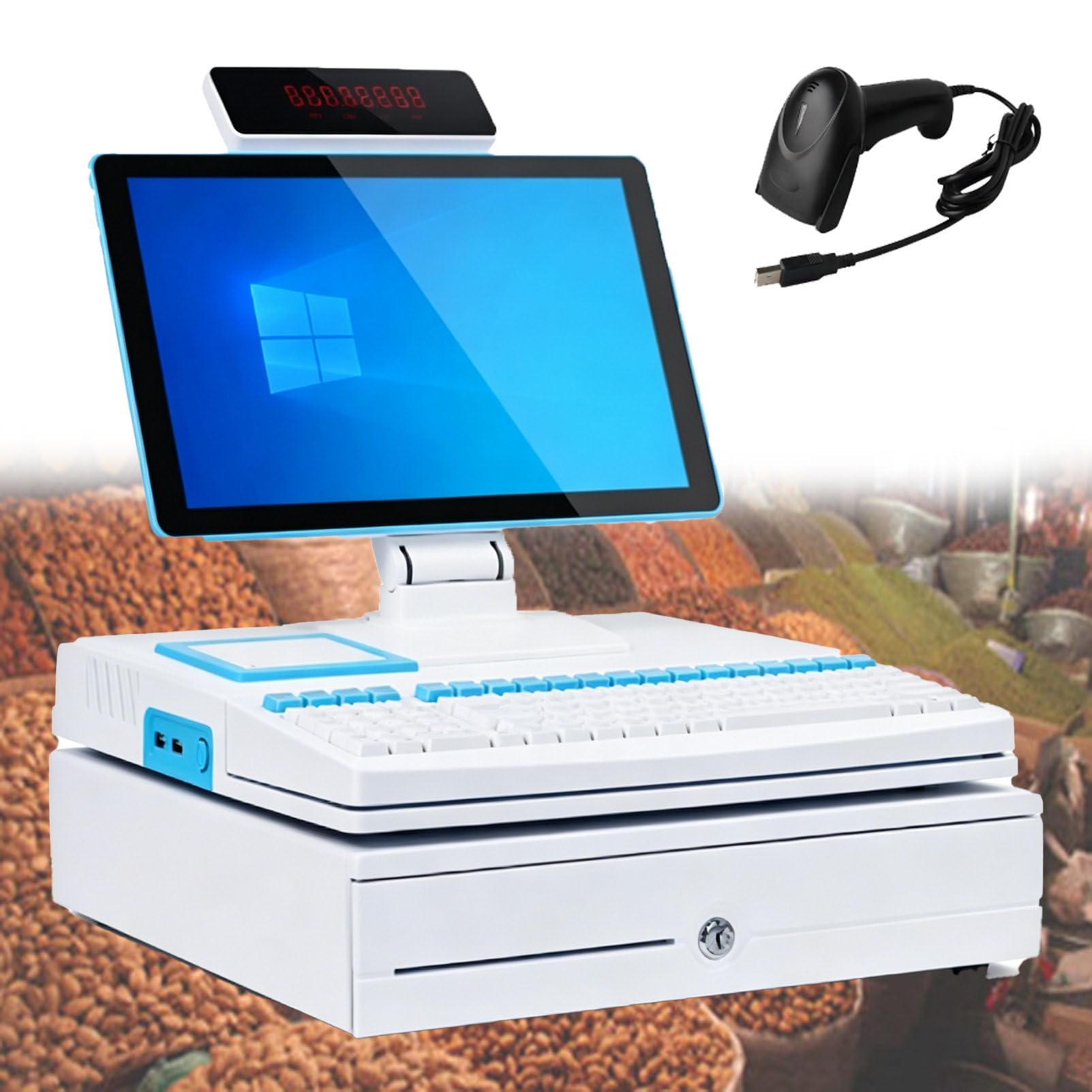 Pvxa White All-In-One Cash Register For Restaurants & Retail, With 15.6" Touch Screen Monitor, Cash Drawer, 58Mm Printer, Barcode Scanner, Touchscreen, For Small Business Singlescreen