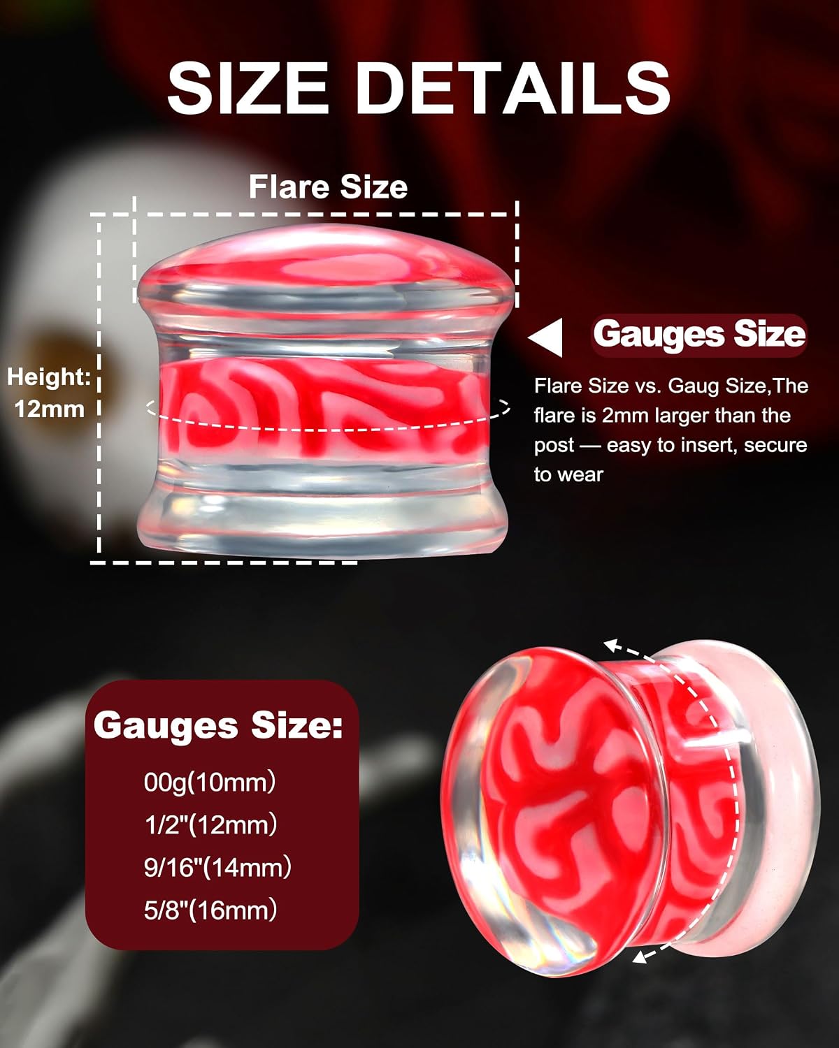 Jewseen 2PCS Acrylic Bloody Brain Ear Gauge Plug for Women 00g-5/8