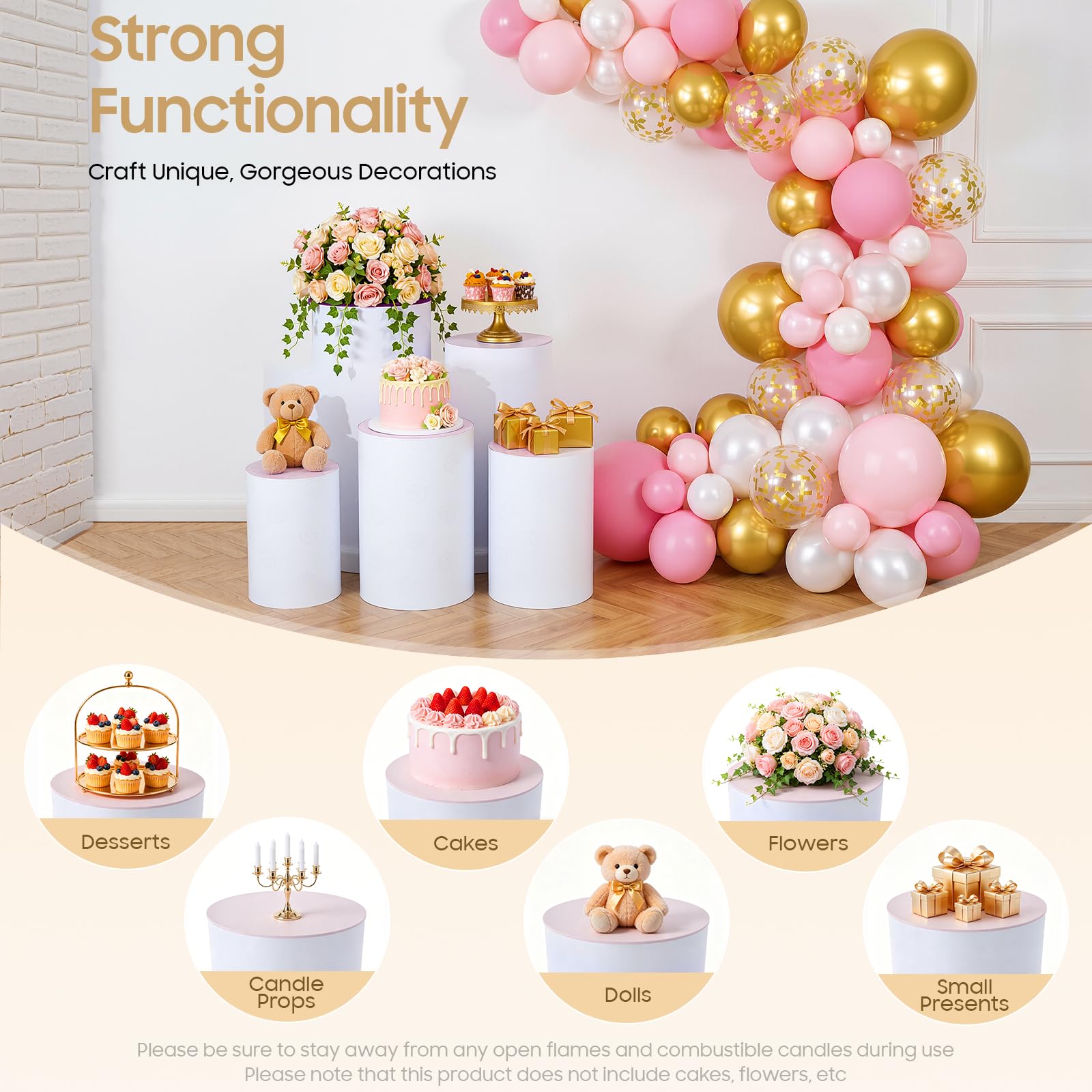 5 unidades de 50 – 90 cm, base cilíndrica blanca con capacidad de carga de 33 kg por pieza, soporte cilíndrico apilable de acrílico/PVC, base redonda para fiestas y cumpleaños, sistema de soporte