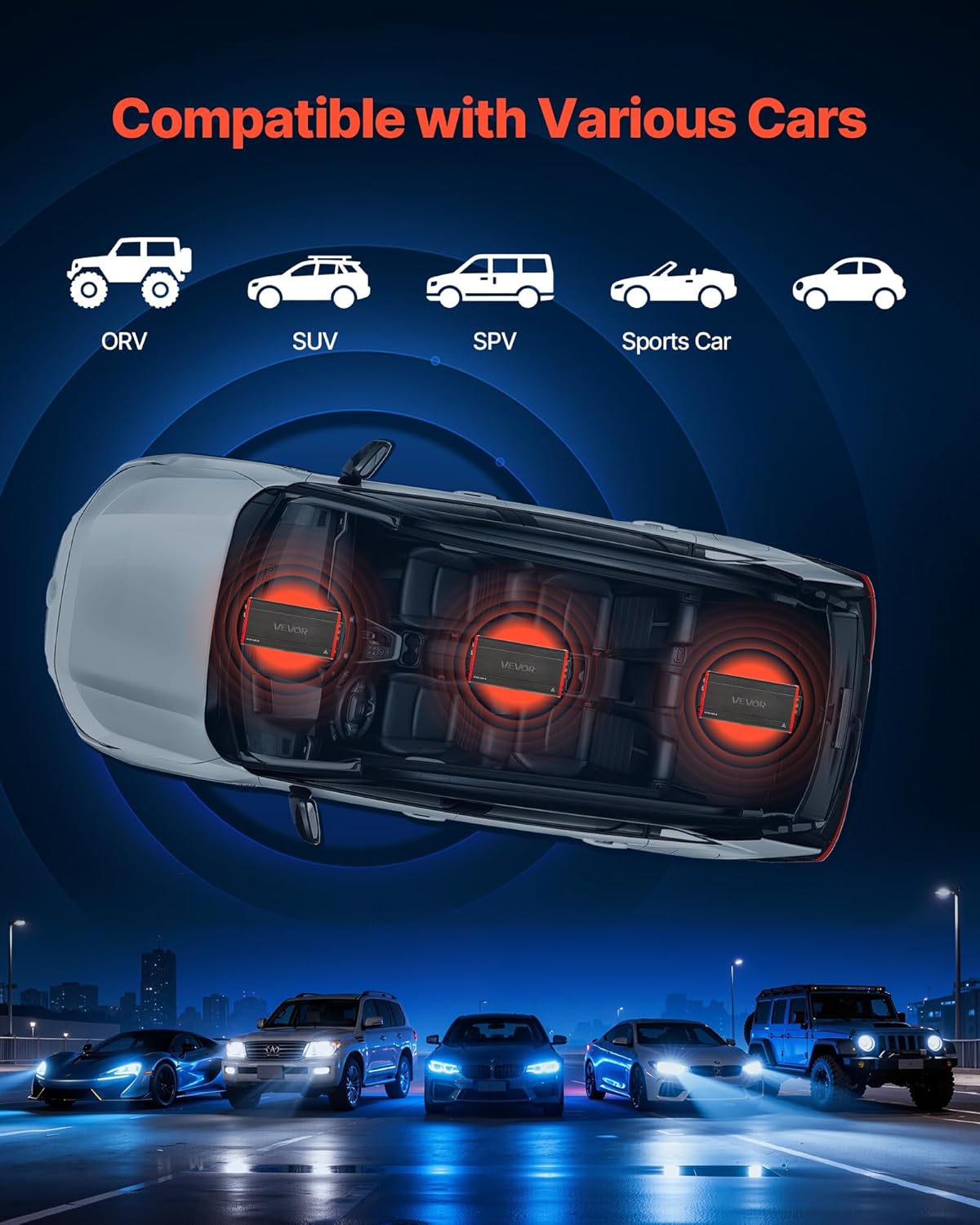 VEVOR 4 Channel Car Audio Amplifier 2 Ohm Stable Bridgeable Class D Full Range Amp Max Power 4 x 272W @ 4 Ohm / 4 x 400W @ 2 Ohm for Car SUV Truck Off-Road