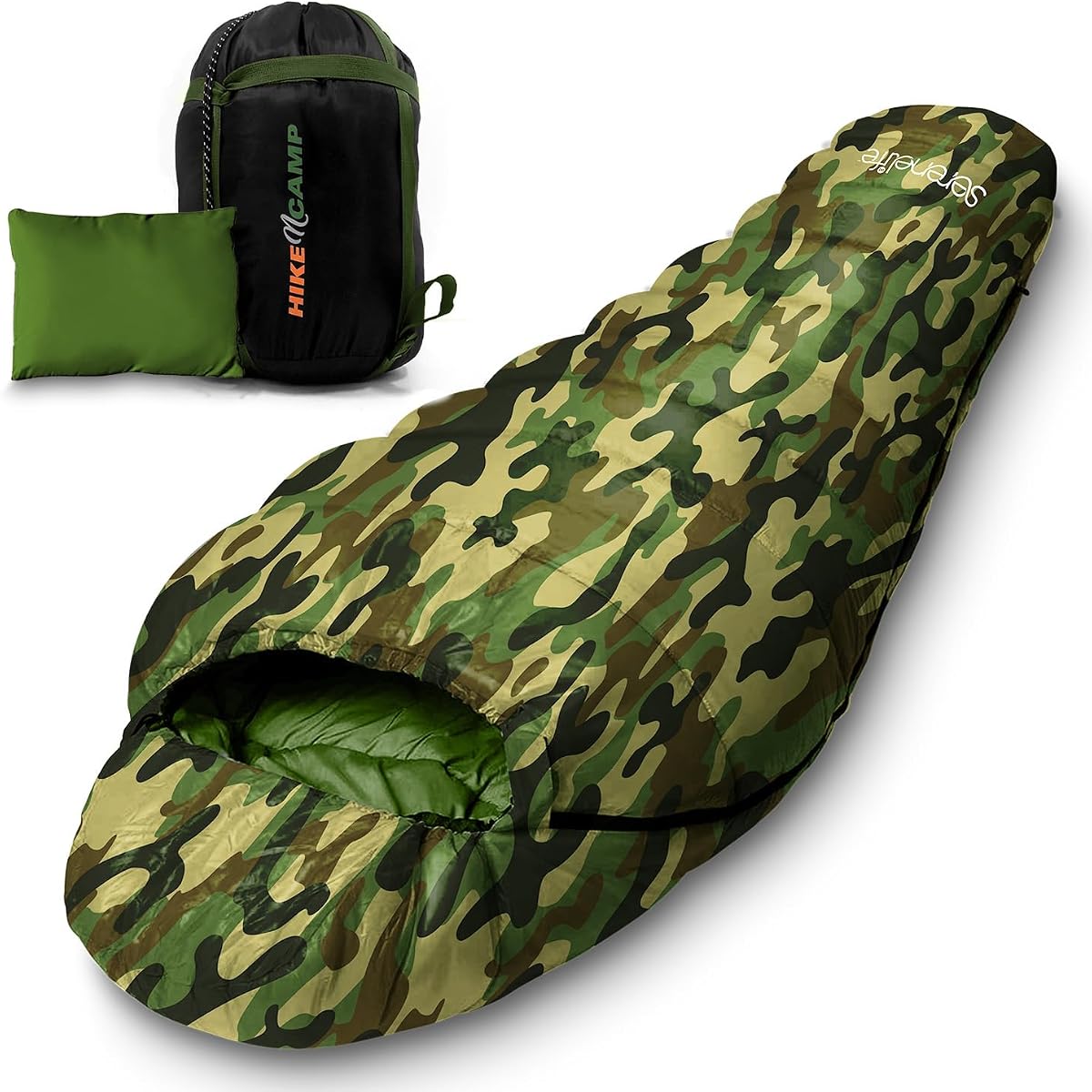 Saco de dormir SereneLife 0 Degree Mummy – Estilo militar, ligero e impermeable para frío extremo, se mantiene caliente en 5–10°F, cremallera sin enganches, bolsa de transporte compacta y almohada de viaje para acampar y mochilas