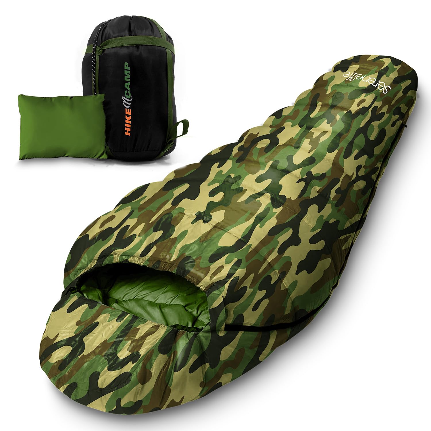 SereneLife 0 Degree Mummy Sleeping Bag – Military-Style, Lightweight & Waterproof for Extreme Cold, Stays Warm in 5–10°F, No-Snag Zipper, Compact Carry Bag & Travel Pillow for Camping & Backpacking