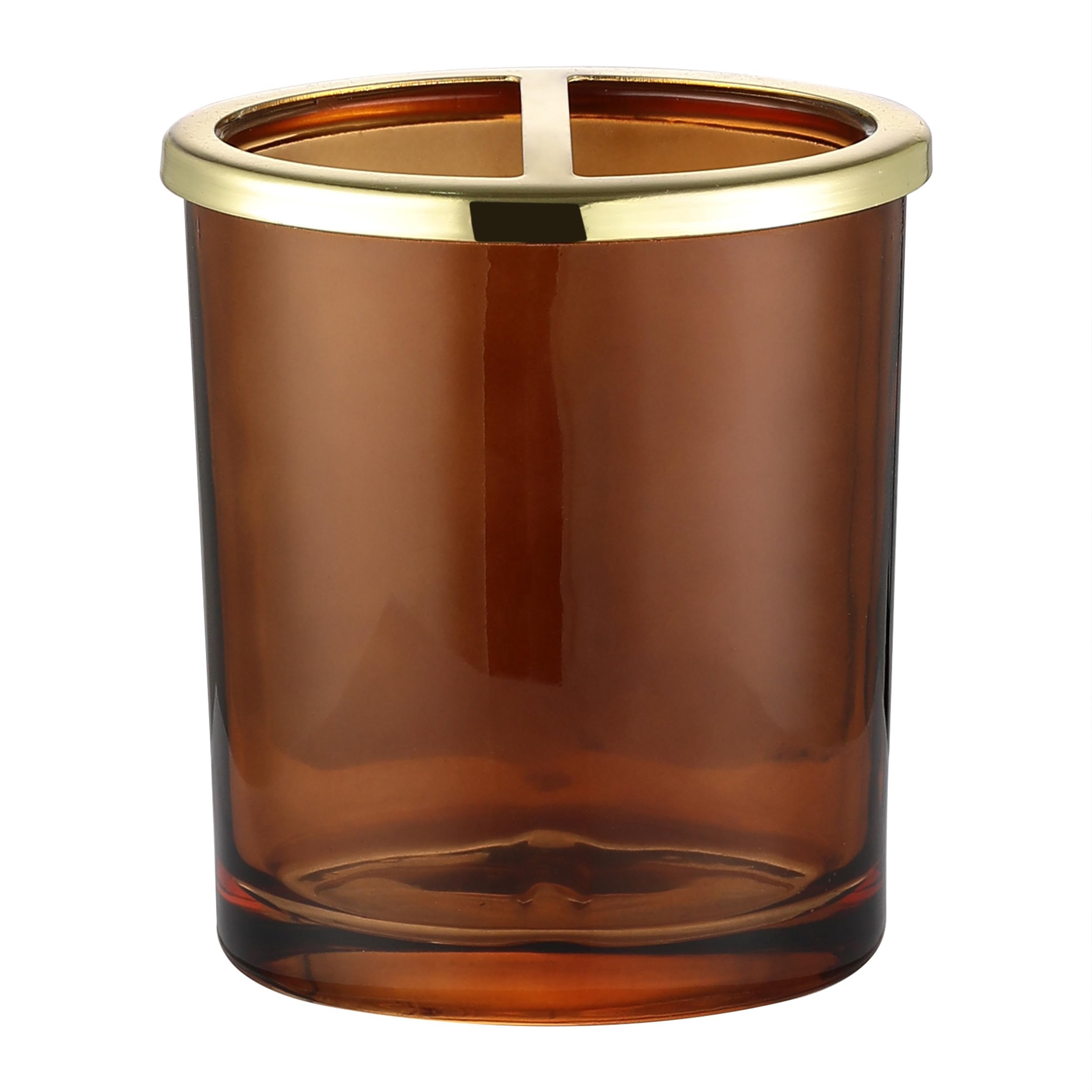 H Halston Amber Glass Bathroom Accessories Collection, Foaming Soap Dispenser, Heavy Weight Qtip Cotton Jar Holder, Soap Dish, Vanity Trinket Tray, Tooth Brush Holder Gold