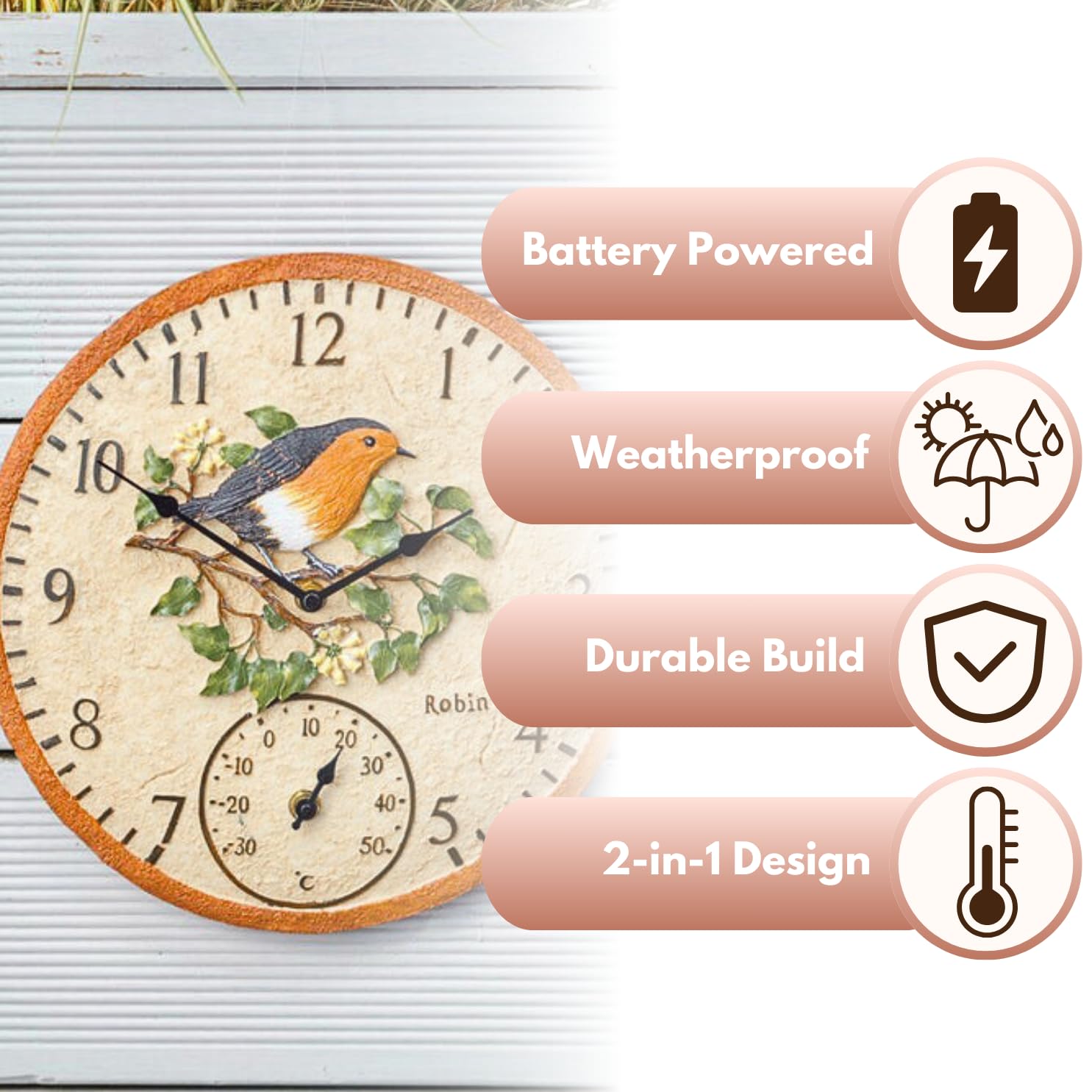Garden Mile 30 cm Rotkehlchen-Gartenuhren für den Außenbereich, wasserdicht, mit Thermometer für Garten, analoge Außenuhren für Garten, wetterfest, Außenuhren für Küche, Wohnzimmer und Terrasse