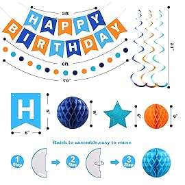 meowtastic Birthday Decorations, Happy Birthday Banner with Honeycomb Balls, Star Hanging Swirl Streamers, Circle Dots Garland, Happy Birthday Party Decorations for Women Girls (Blue & Orange)
