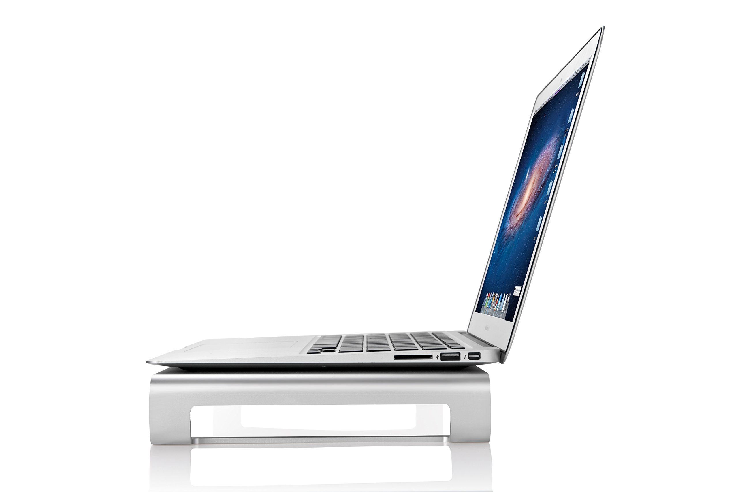 Desire2 Supporto Monitor Scrivania - Mensola Ergonomica in Alluminio Argentato, Alzata per PC, iMac, Macbook, Laptop, Notebook, e Stampante - Accessori di Organizzazione Portatile per Casa e Ufficio