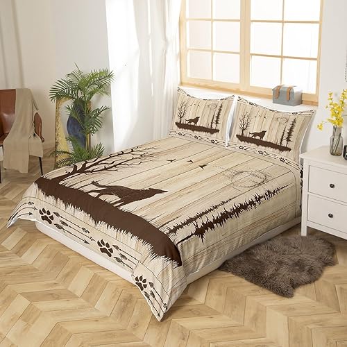 Miniatura 2 de Juego de ropa de cama de lobo, funda de edredón de animales salvajes, funda de edredón étnica tribal con estampado de patas de flecha, tamaño Queen,