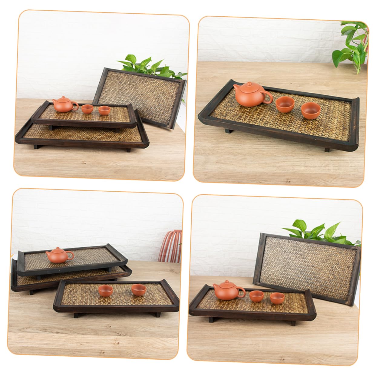 Alipis Bandeja De Ratán De Madera Rectangular para Servir Té y Comida Bandeja para Guardar Tazas Salón De Belleza y Restaurante