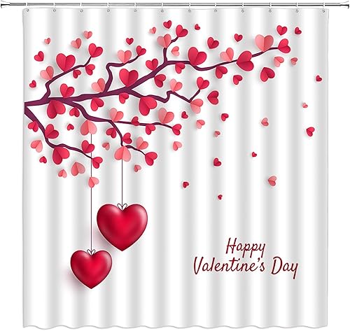Miniatura 2 de ASVEAS Cortina de ducha para el día de San Valentín, diseño de árbol de corazón rojo, juego de decoración de baño con ganchos (70 pulgadas de ancho