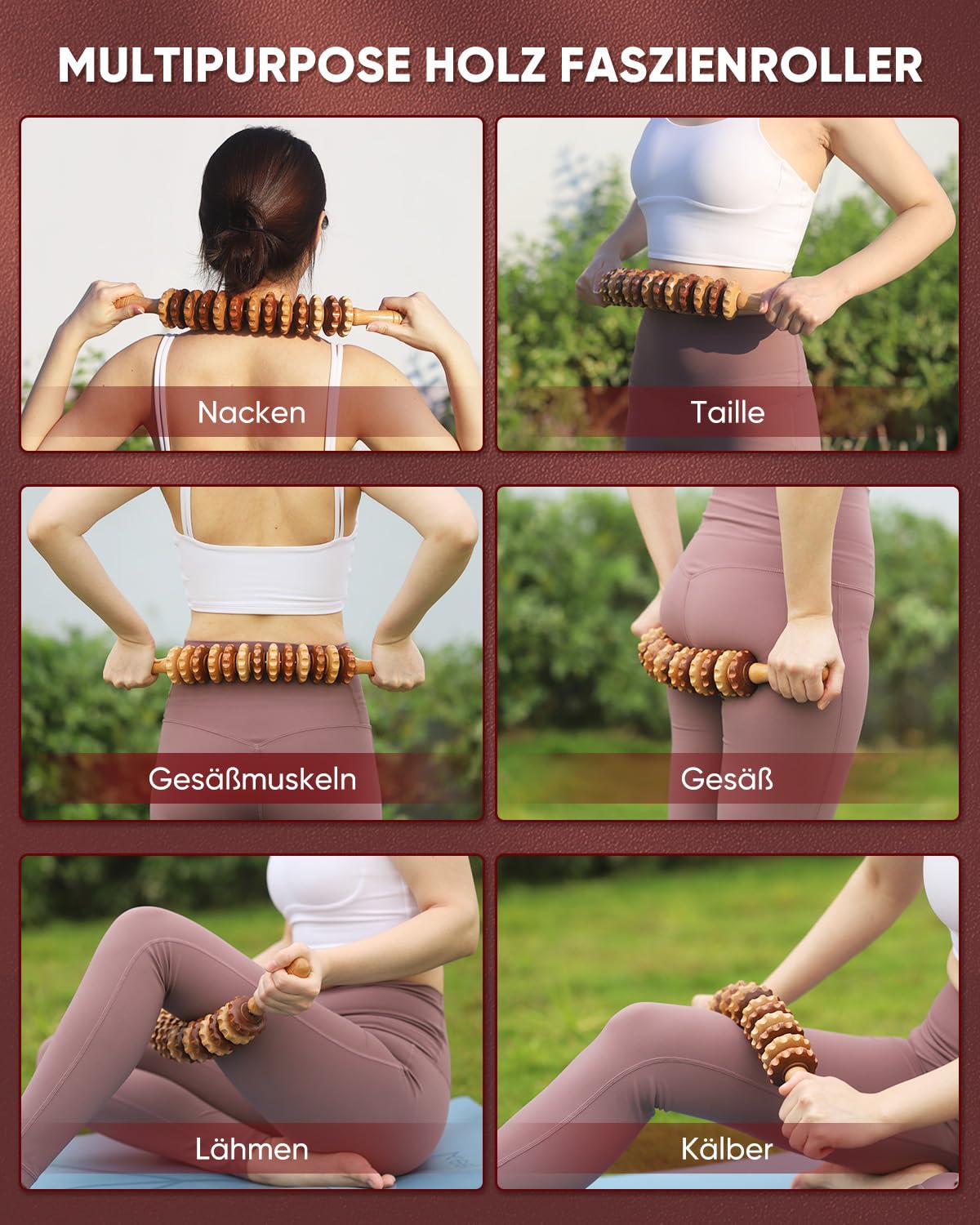 Neues Design Faszienrolle Holz Massagegerät, Faszienstab Roller Wood, Massageroller Mit Griff, Massage Holz Anti Cellulite Massagegerät, für Maderotherapie und Lymphdrainage 42.2cm 350g Buche