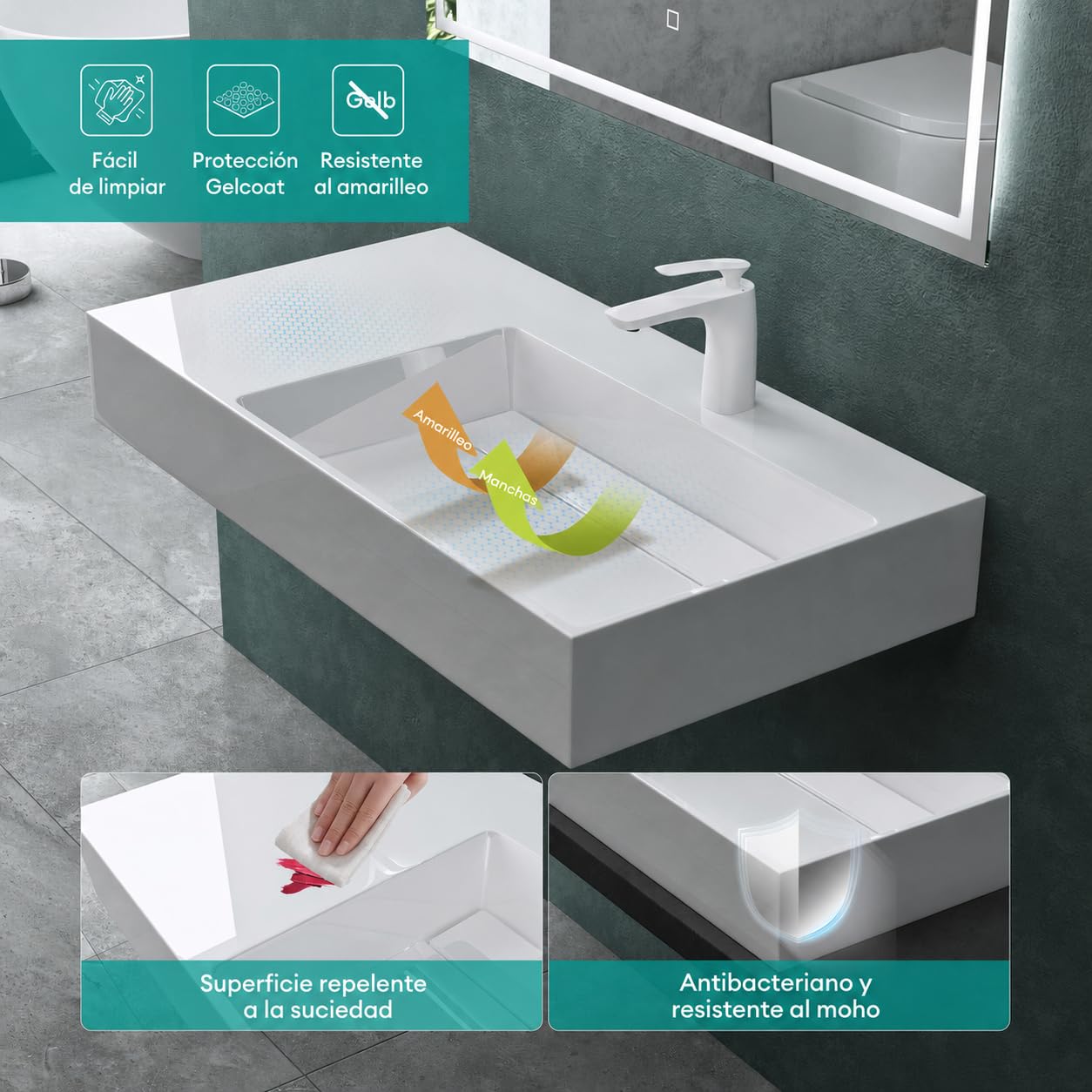 Mai & Mai Lavabo Derecho sobre Encimera 100cm Blanco Col12 | Lavabo Suspendido Mármol Fundido, con Orificio para Grifo y Válvula Desagüe, Conexión Estándar DIN, Tapa de Desagüe Oculta