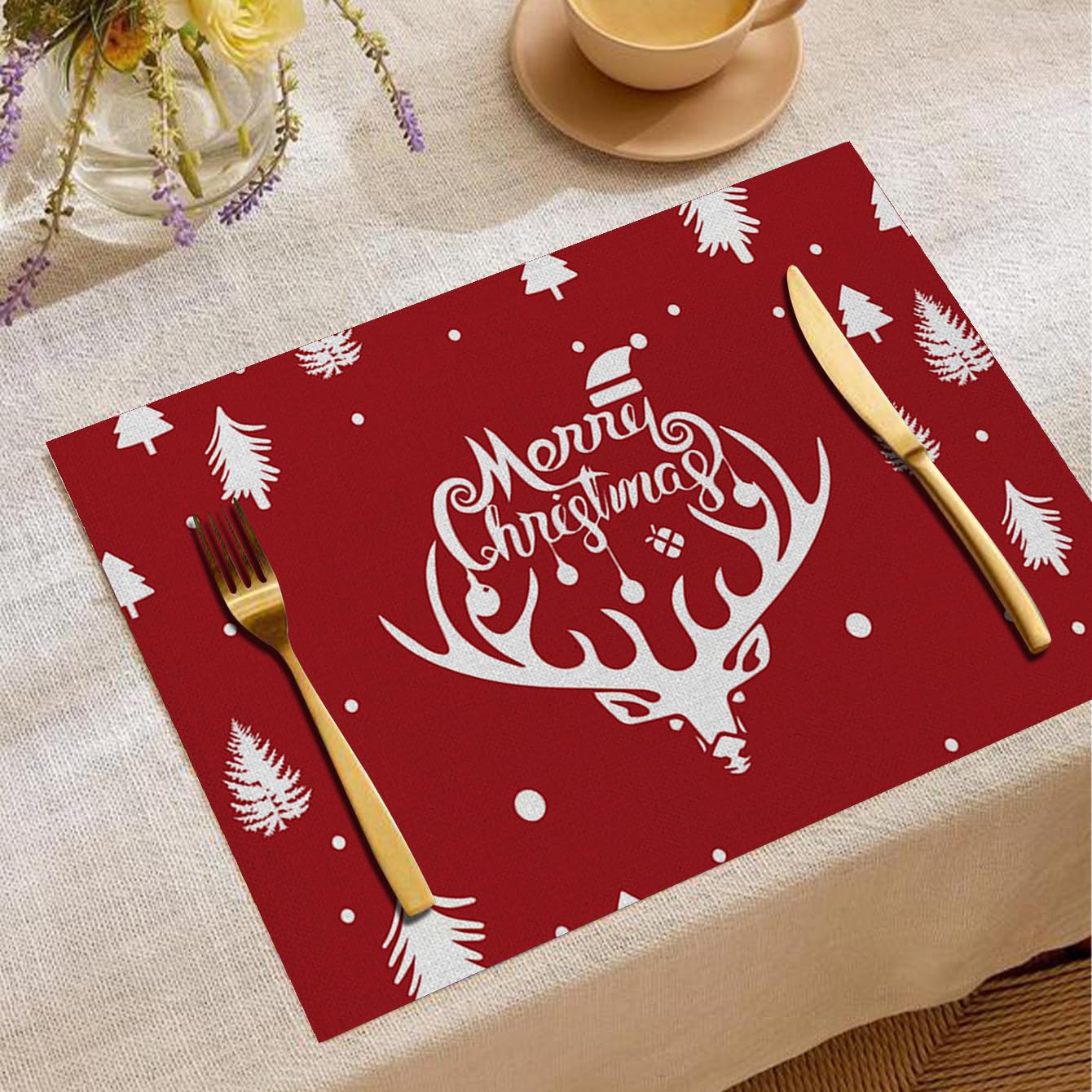 Lot de 6 sets de table carrés en lin Motif Père Noël