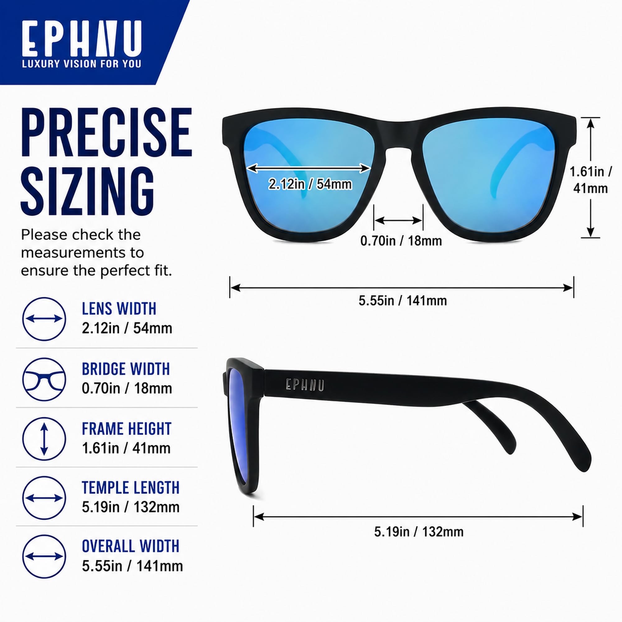 EPHIU Lentes de sol deportivos polarizados para hombres y mujeres, lentes de espejo para correr, senderismo, ciclismo (sin rebote, antideslizantes, cuadrados), Negro/Azul, Medium