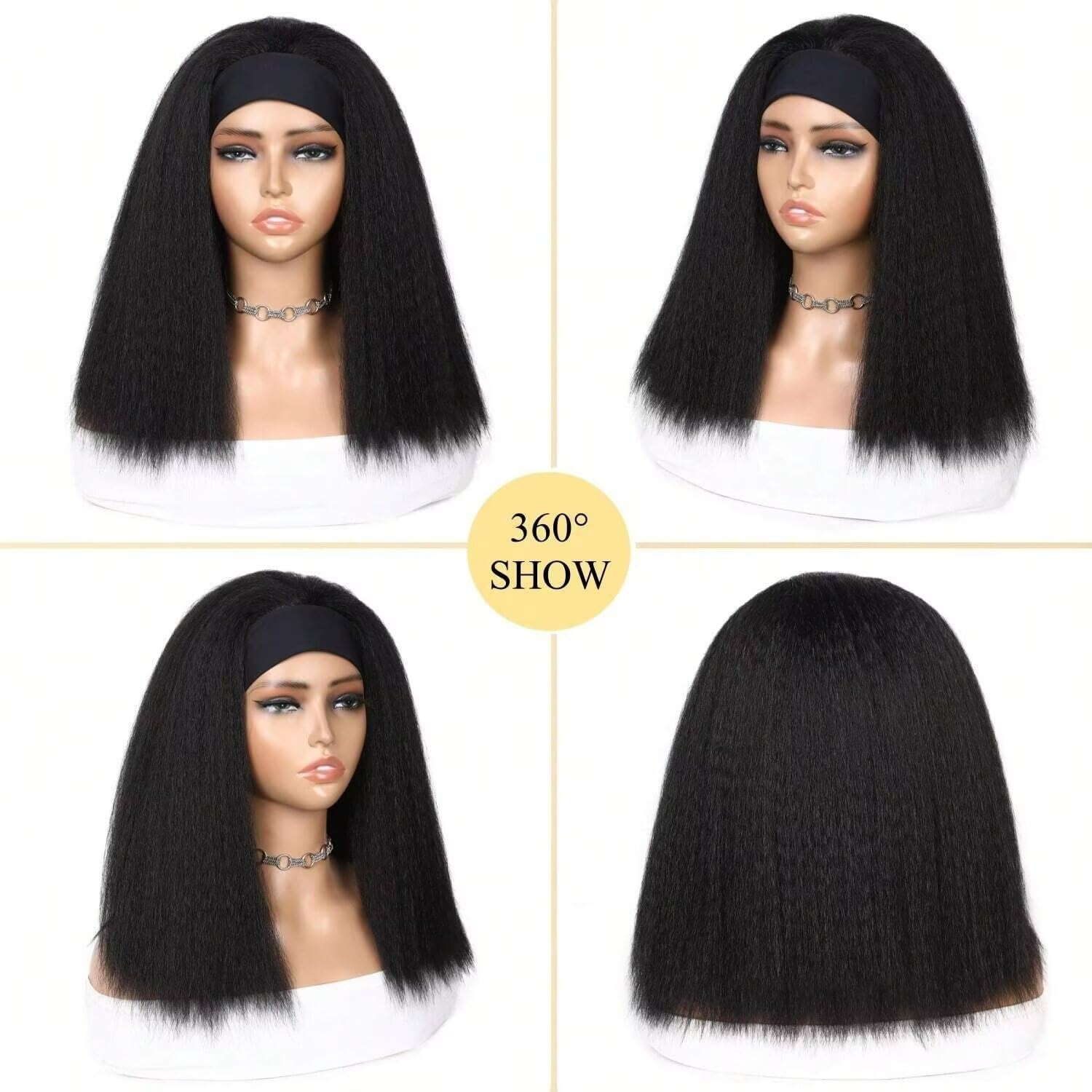 Yaki Straight Headband Human Hair Wig Kinky Straight Glueless Wigs with Band Brazilian Virgin Wear and Go Yaki Half Wig 14 inch - Image 3