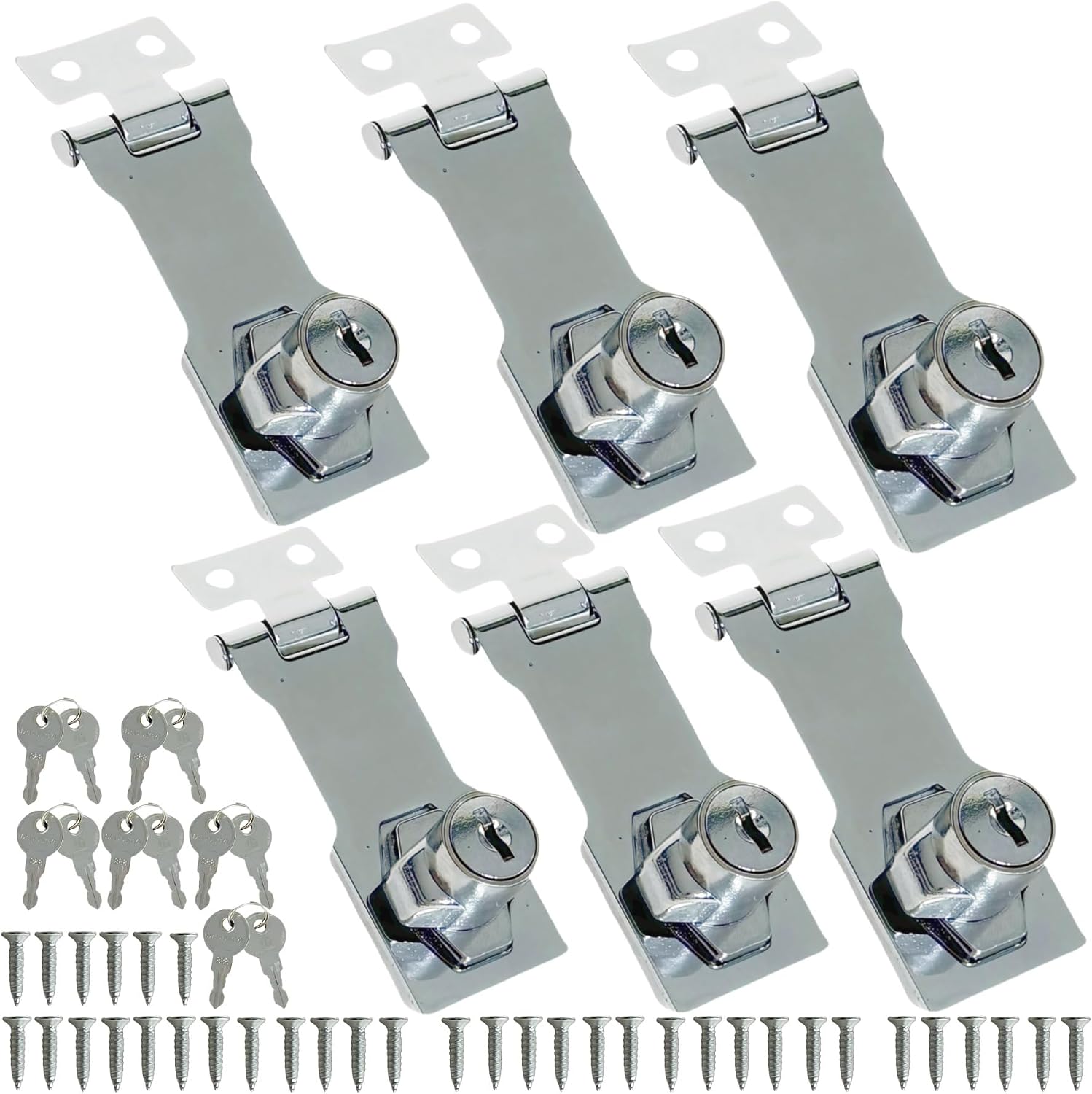 6 Pcs 3 Inch Keyed Hasp Lock Twist Knob Keyed Locking Hasp Chrome Plated Steel Safety Hasp Padlock Locks with Keys and Screws Suitable for Cabinet Door Drawer Gate Sliver