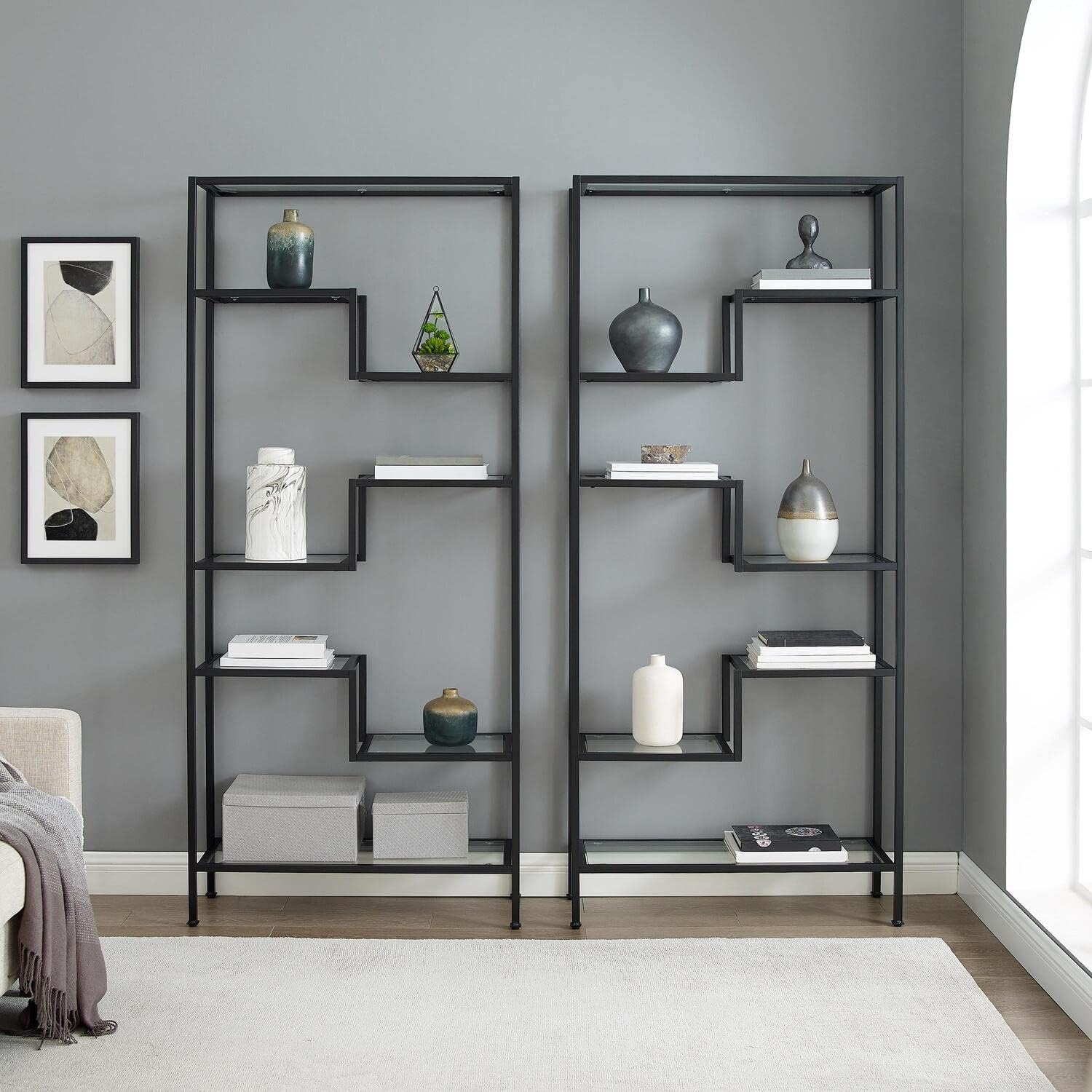 Modern Etagere Set - 2-Piece Glass Shelving Unit - Black Metal Display Rack - Home Office Living Room Decor