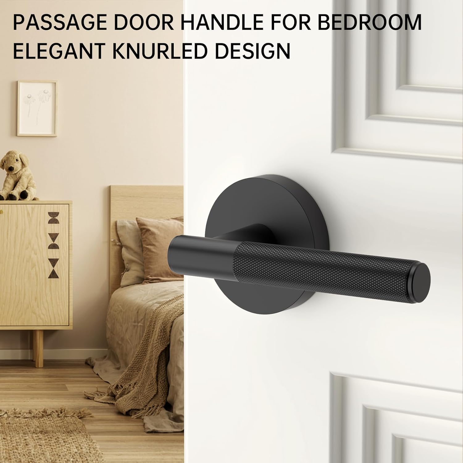 FILTA 6 Pack Black Door Handles Interior Passage Round Door Handle Knobs Knurled Heavy Duty Keyless Door Lever Lock for Bedroom and Bathroom