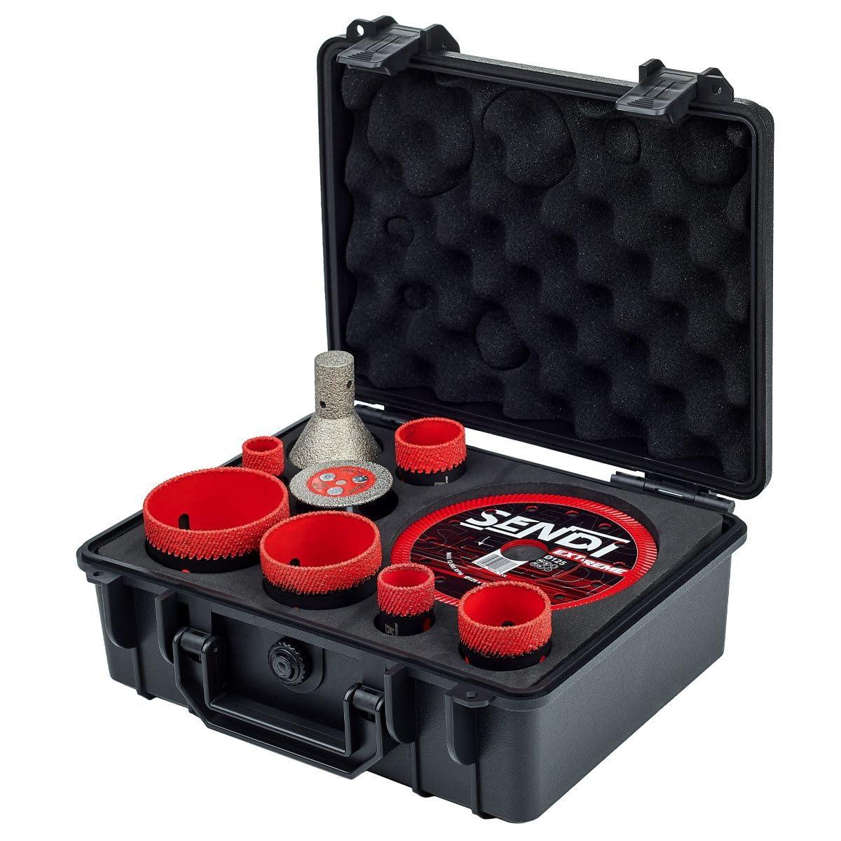 KIT Profesional SENDI EXTREME SET, Juego de Brocas de Diamante y Disco Ø125 mm, Coronas Ø20-68 mm + Fresa 20-50 mm + Disco Ranurado 50 mm, Maletín Incluido, para Porcelánico Cerámica Granito Azulejo