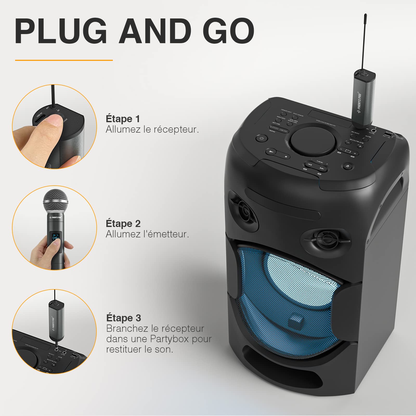Phenyx Pro Système de Micro sans Fil numérique Simple,avec 1 Microphone Dynamique à Main,Mini récepteur,5 fréquences UHF,Microphone sans Fil en métal pour Chanteur,karaoké, Mariage(PDP-1)