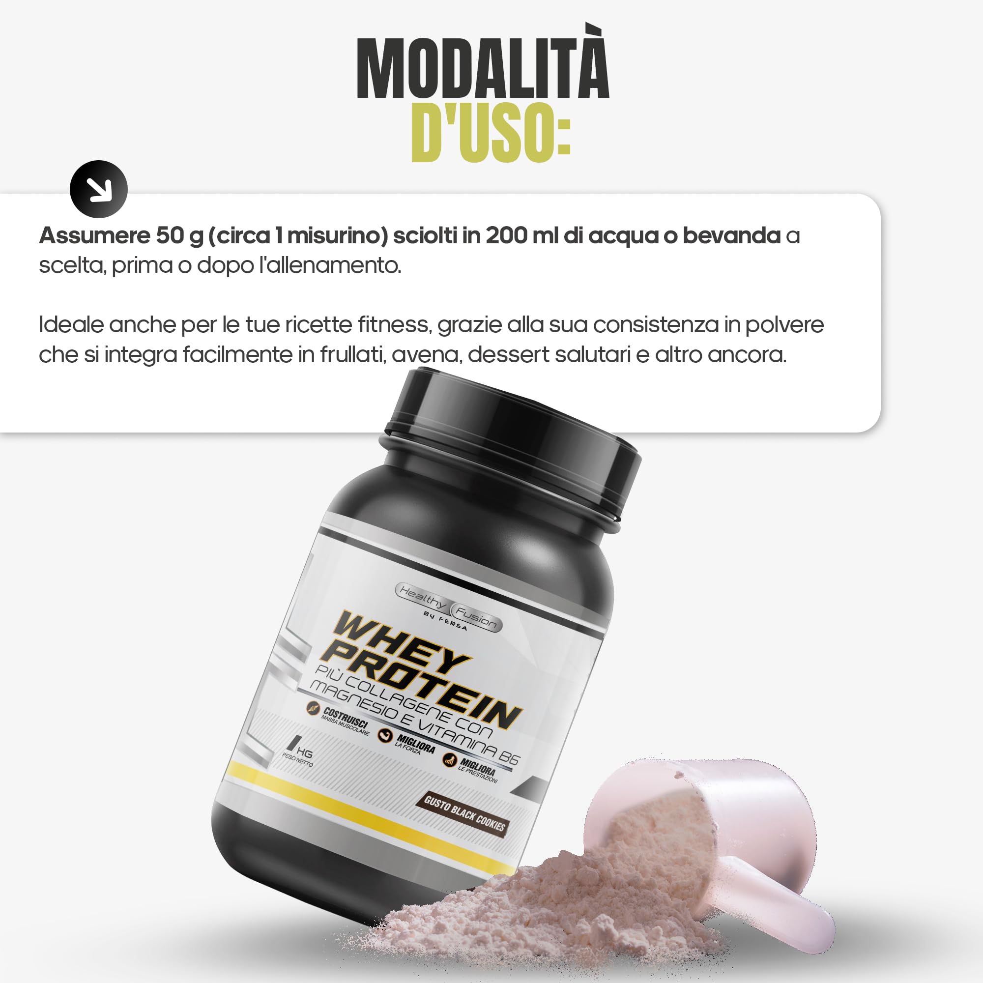 Whey Protein in Polvere Healthy Fusion | Proteina Premium 100% Pura + BCAAS + Aminoacidos | Alto Contenuto Proteico | Maggiore Crescita Muscolare, Recupero e Benessere Generale | Gusto Biscotti 1kg