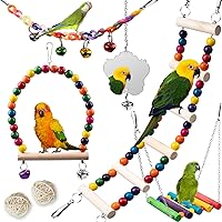 JINJINANV 7Pcs Wood Bird Toys for Parakeets, Budgies, Cockatiels - Safe Swings, Perches, Ladders for Small Bird Cages, 18" Climbing Fun