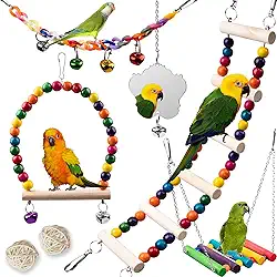 Brinquedos de pássaros para periquitos, 7 peças, acessórios de gaiola de periquitos de madeira, balanços de poleiro para pequenos brinquedos de calopsita conure, balanço de escada de pássaro para