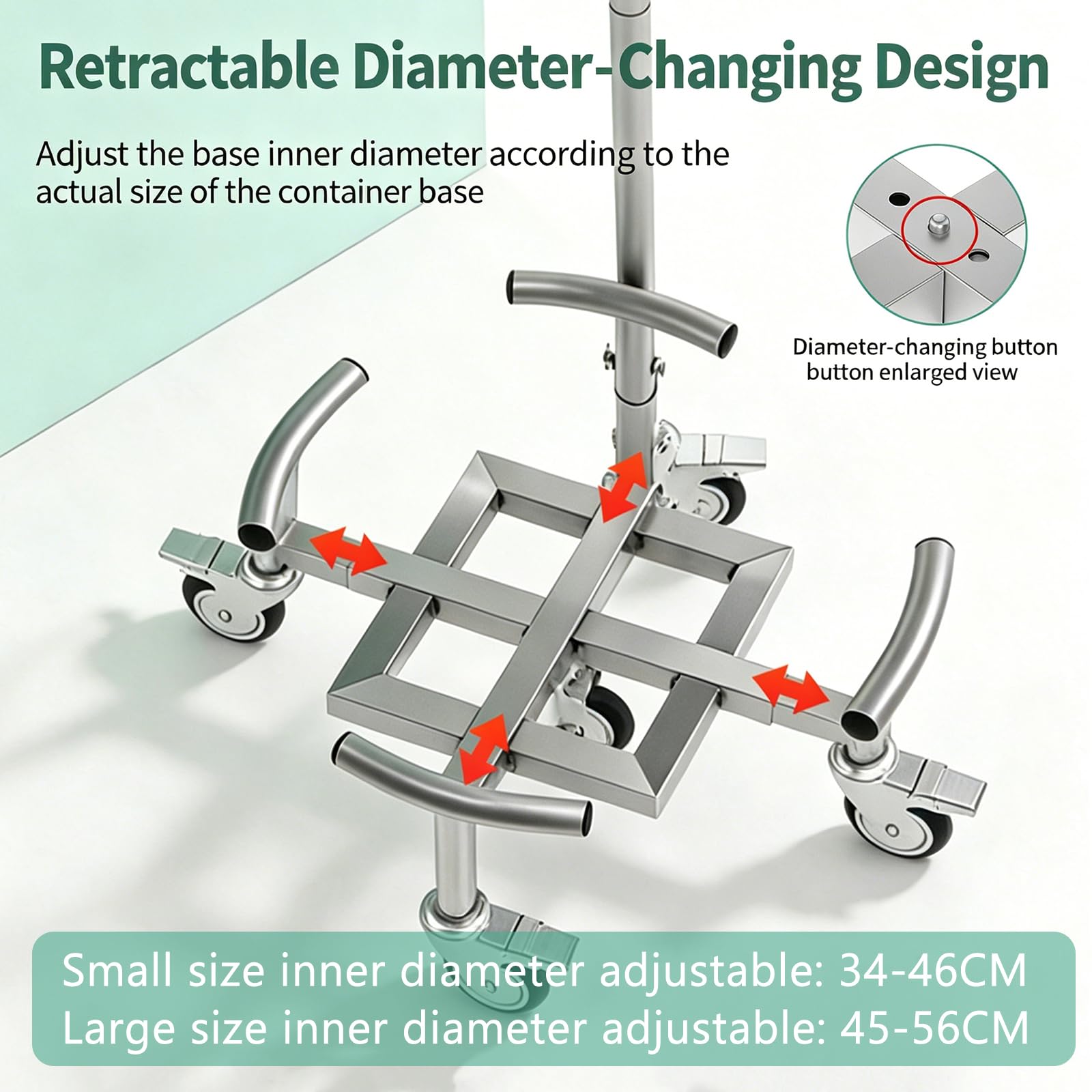 Carrello portavaso resistente, in acciaio inox, con ruote, diametro regolabile, corrimano e 5 ruote, supporta fino a 300 kg