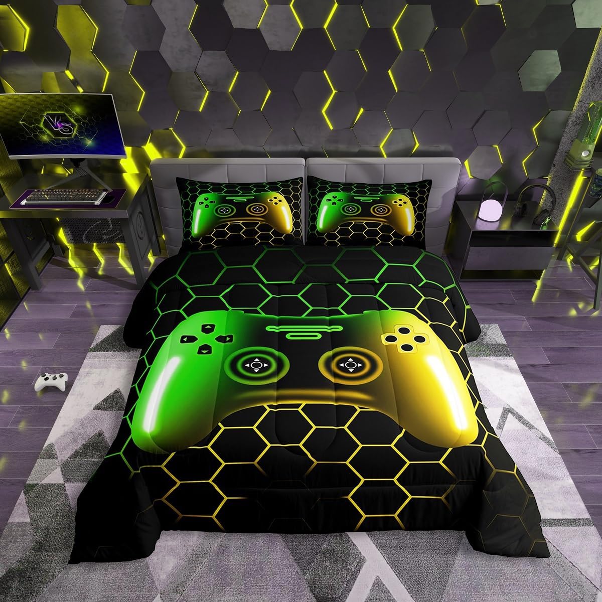 Erosebridal Boys Bedding Sets Full Green Gaming Comforter Sets for Boys Kids Game Gamer Bedding Comforter Sets for Men Yellow Black Ombre Geometric Video Game Quilt Set with 2 Pillow Cases