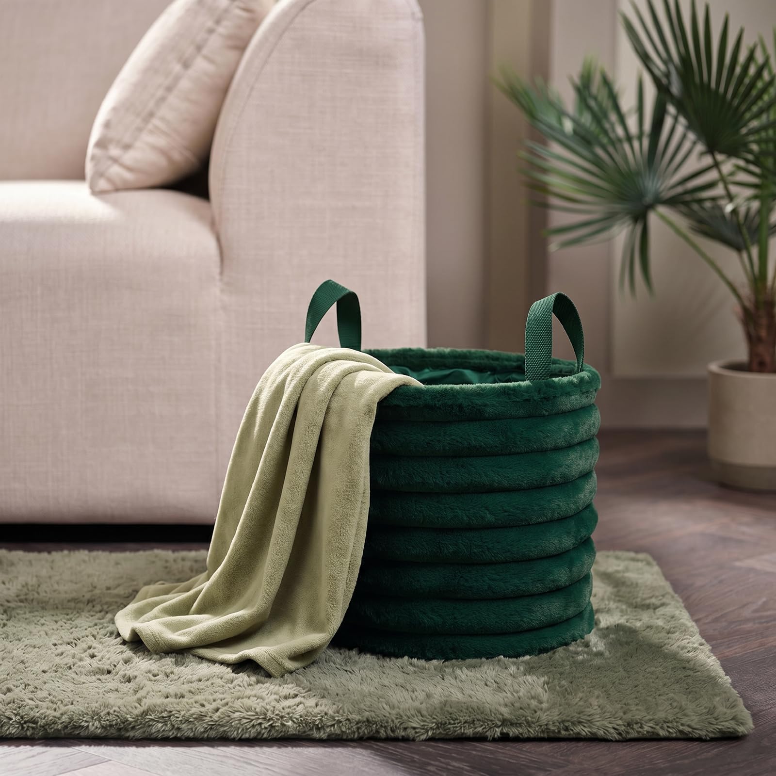 OHS Storage Basket with Handles, Faux Fur Ribbed Small Laundry Basket Storage Box Round Shelf Baskets for Toys Blankets Dirty Clothes Baskets for Living Room Nursery Bedroom Office, Forest Green — image 1