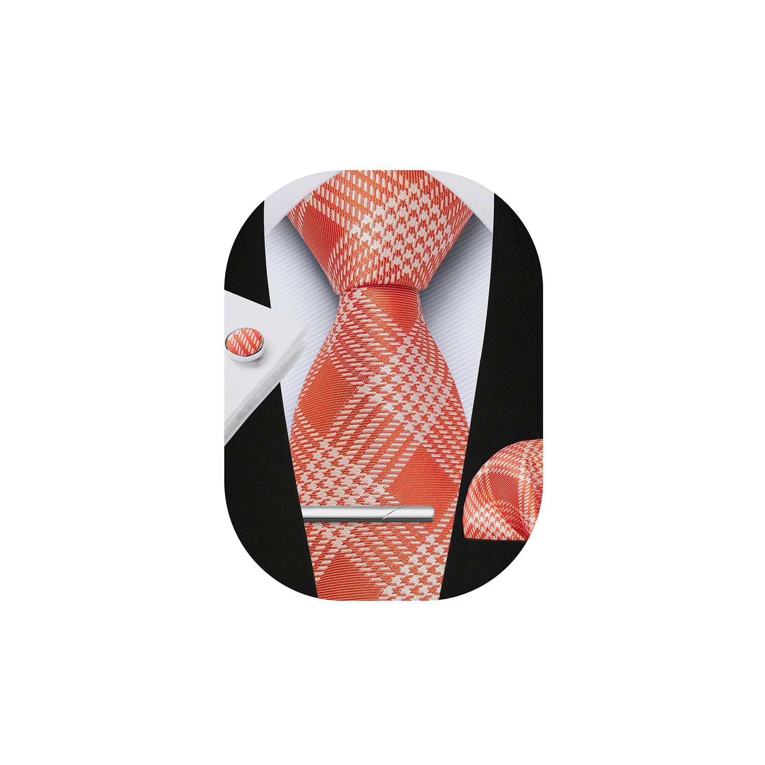 HISDERN Plaid Ties for Men Classic Checkered Tie and Pocket Square Cufflinks Tie Clip Set Woven Men's Necktie Business