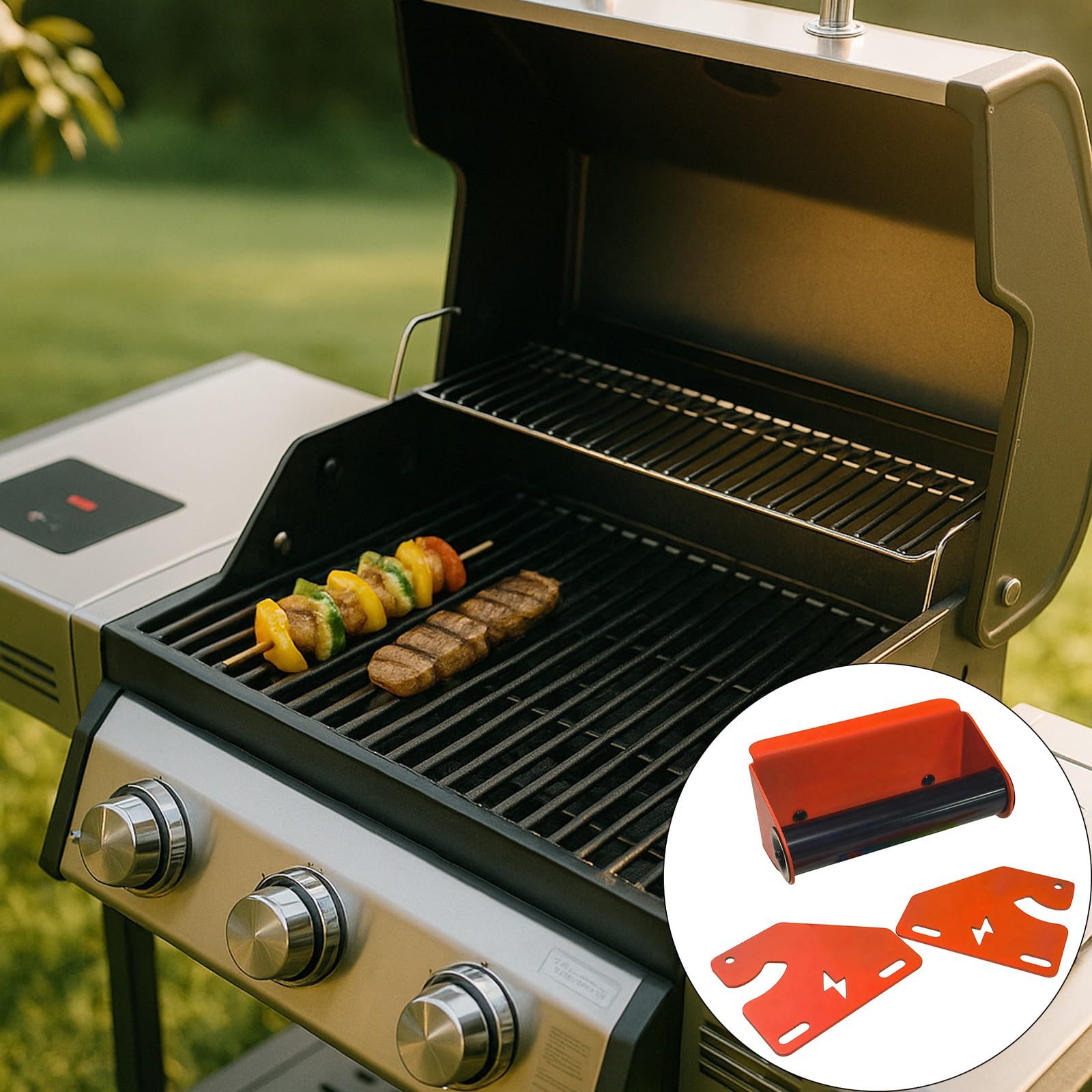 Generisch Gruppo di maniglie per coperchio barbecue in acciaio con 2 supporti a cerniera laterali, parti di ricambio per la riparazione del coperchio del barbecue piatto e la verifica della
