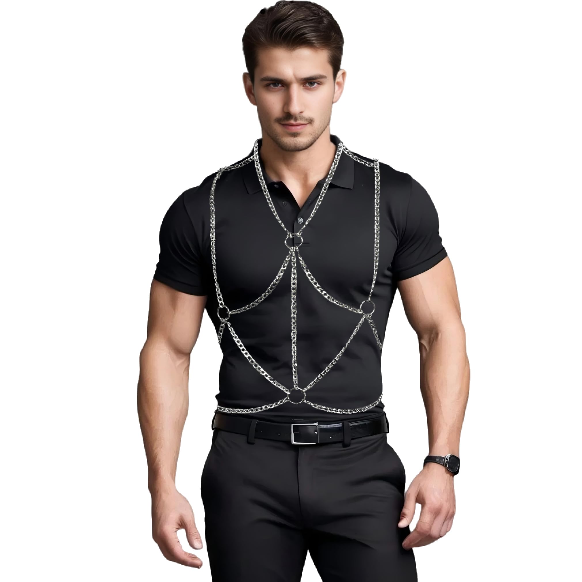 Pettorina regolabile in argento da uomo, con catena in metallo, costume punk per spettacoli muscolari, abbigliamento alla moda per cosplay, spettacoli teatrali, feste notturne, festival