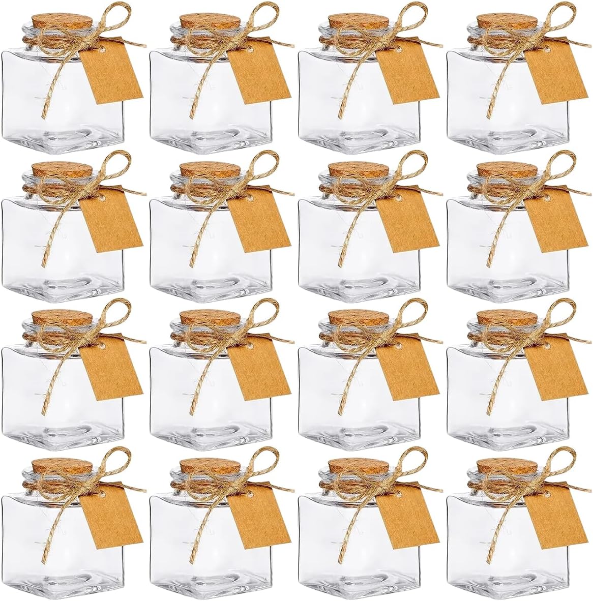 Queenbox 16Pack 50ml Square Clear Glass Bottles, Cork Stoppers, DIY Blank Label Tag Twine String for Party Wedding Gift Candy